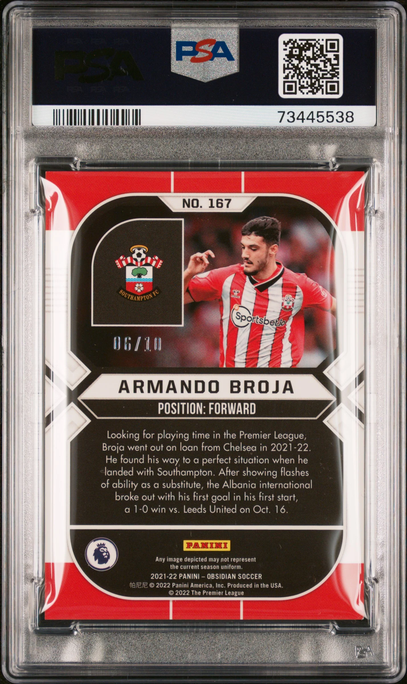 2021 Panini Obsidian Electric Etch Yellow Armando Broja #167 /10 PSA 9 - Image 2
