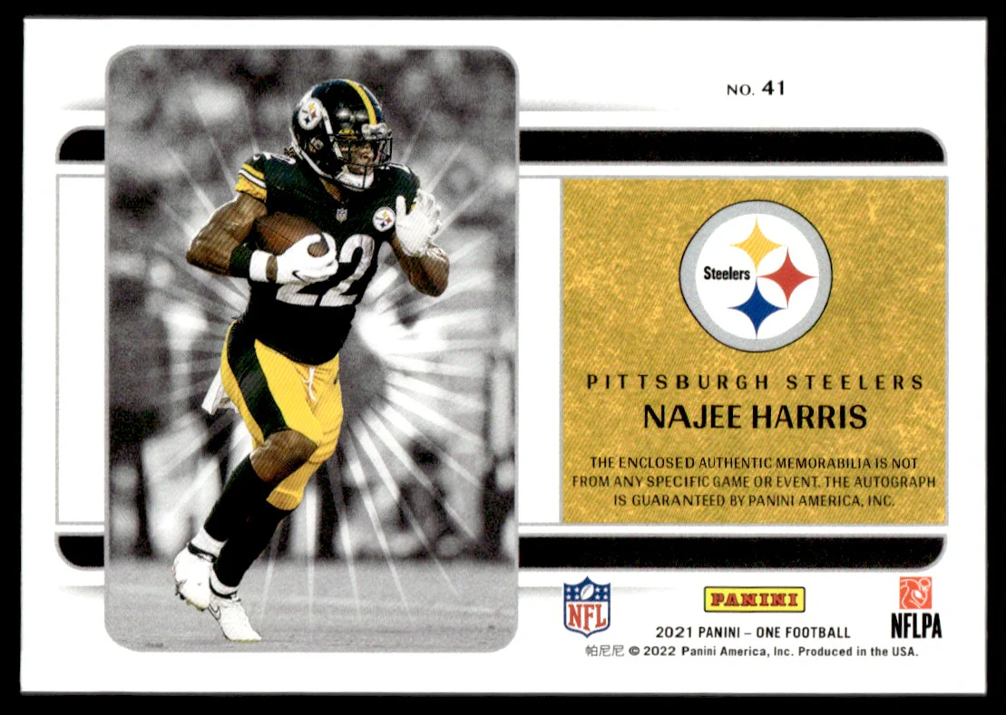 2021 Panini One 41 Najee Harris /25 Pittsburgh Steelers Auto - Image 2