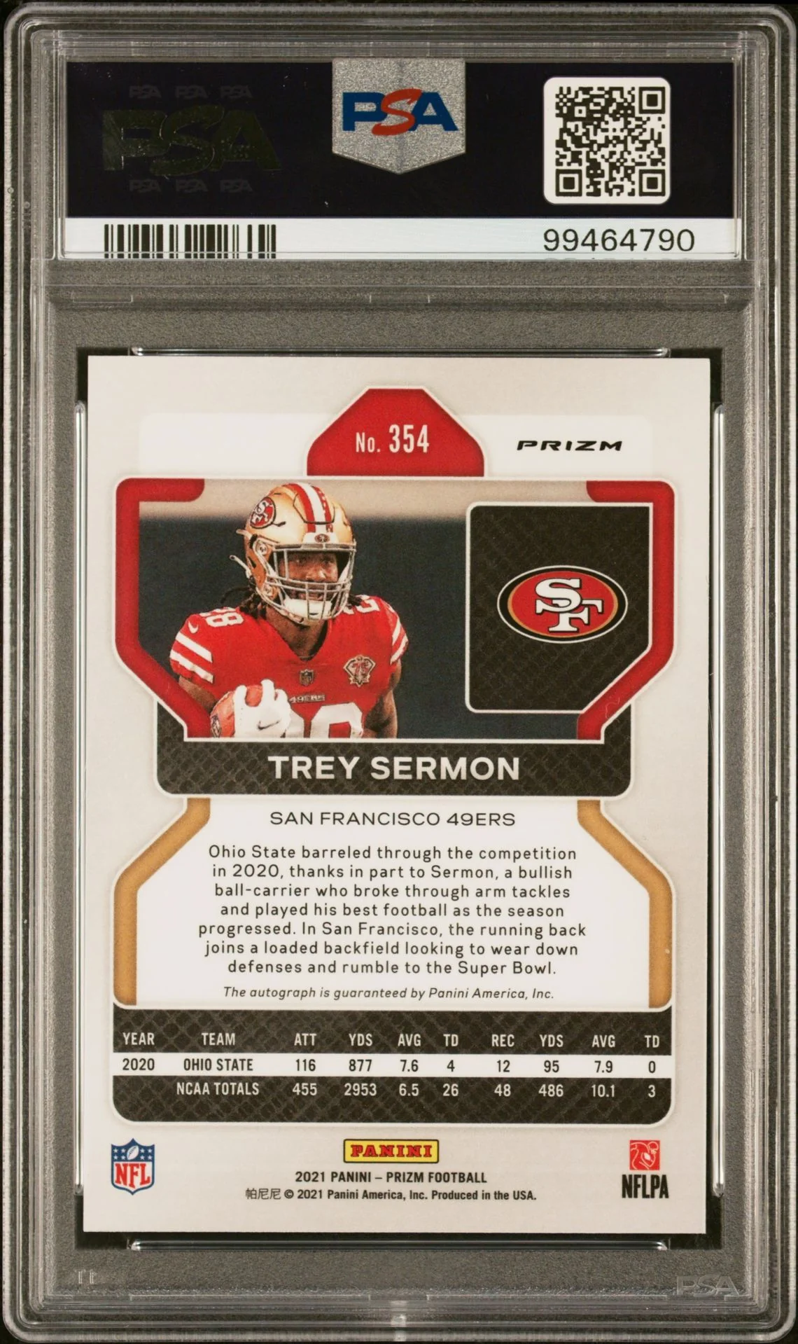 2021 Panini Prizm Rookie Autographs No Huddle Prizm Trey Sermon #354 PSA 10 - Image 2