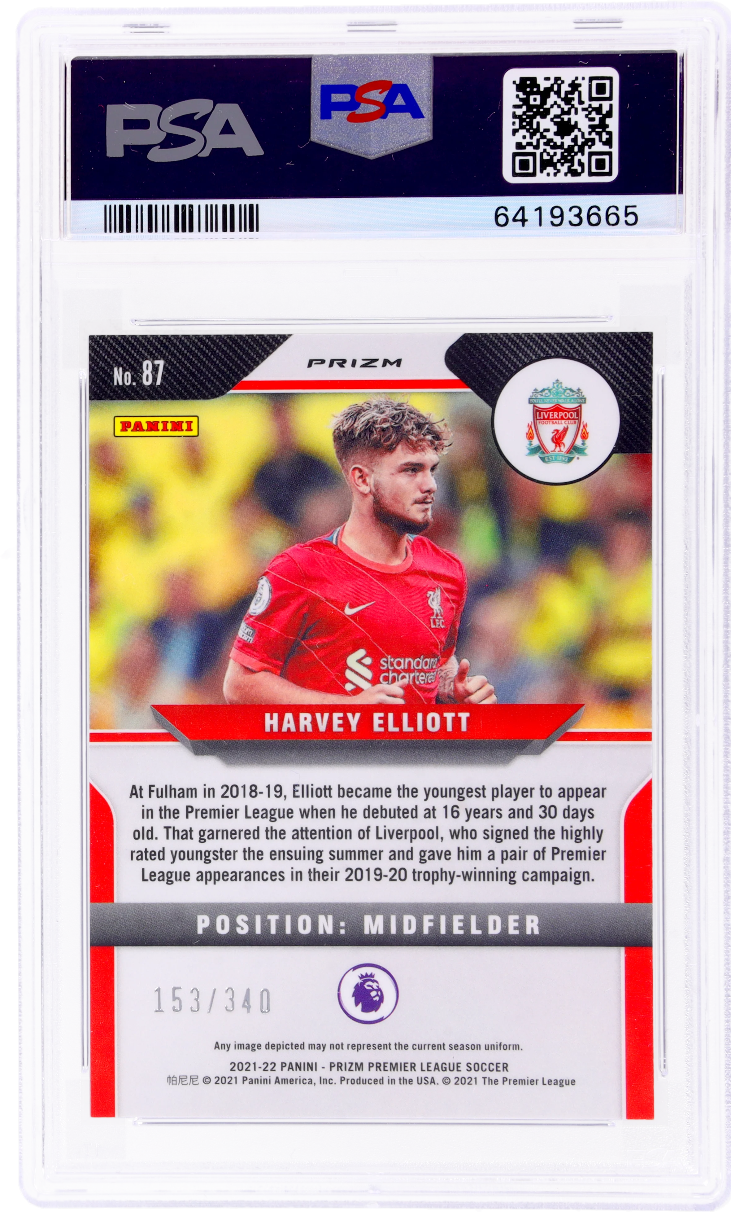 2021 Panini Prizm EPL Blue Prizm Harvey Elliott #87 /340 PSA 9 RC - Image 2