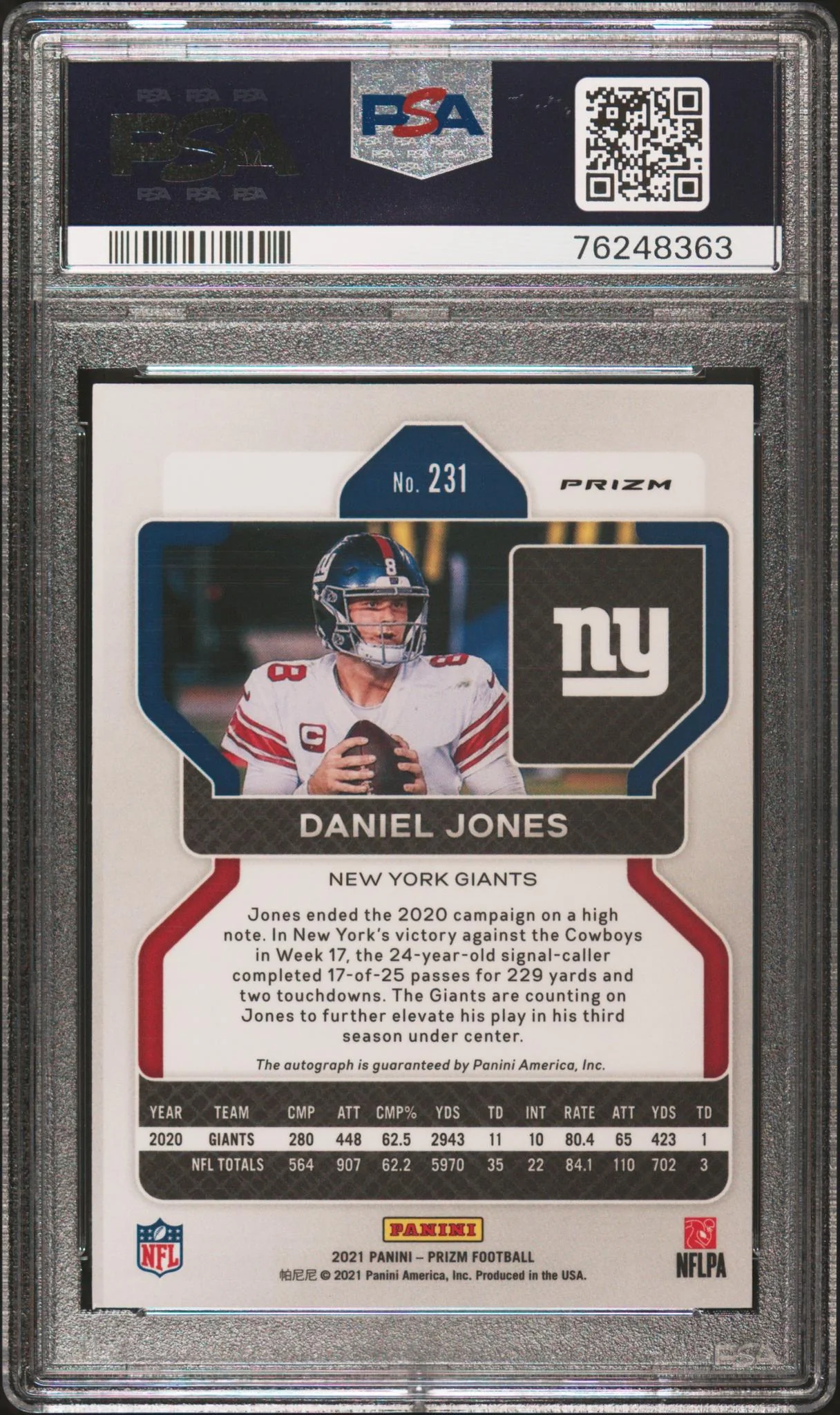 2021 Panini Prizm Autograph Daniel Jones #231 PSA 7 - Image 2
