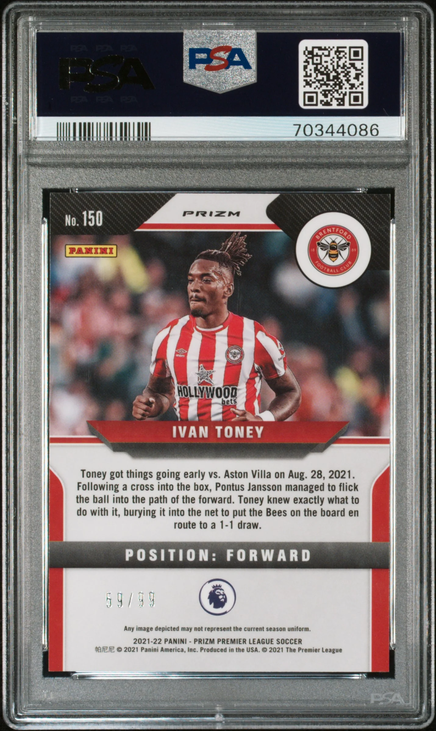 2021 Panini Prizm English Premier League Prizms Purple Ivan Toney #150 /99 PSA 10 70344086 - Image 2