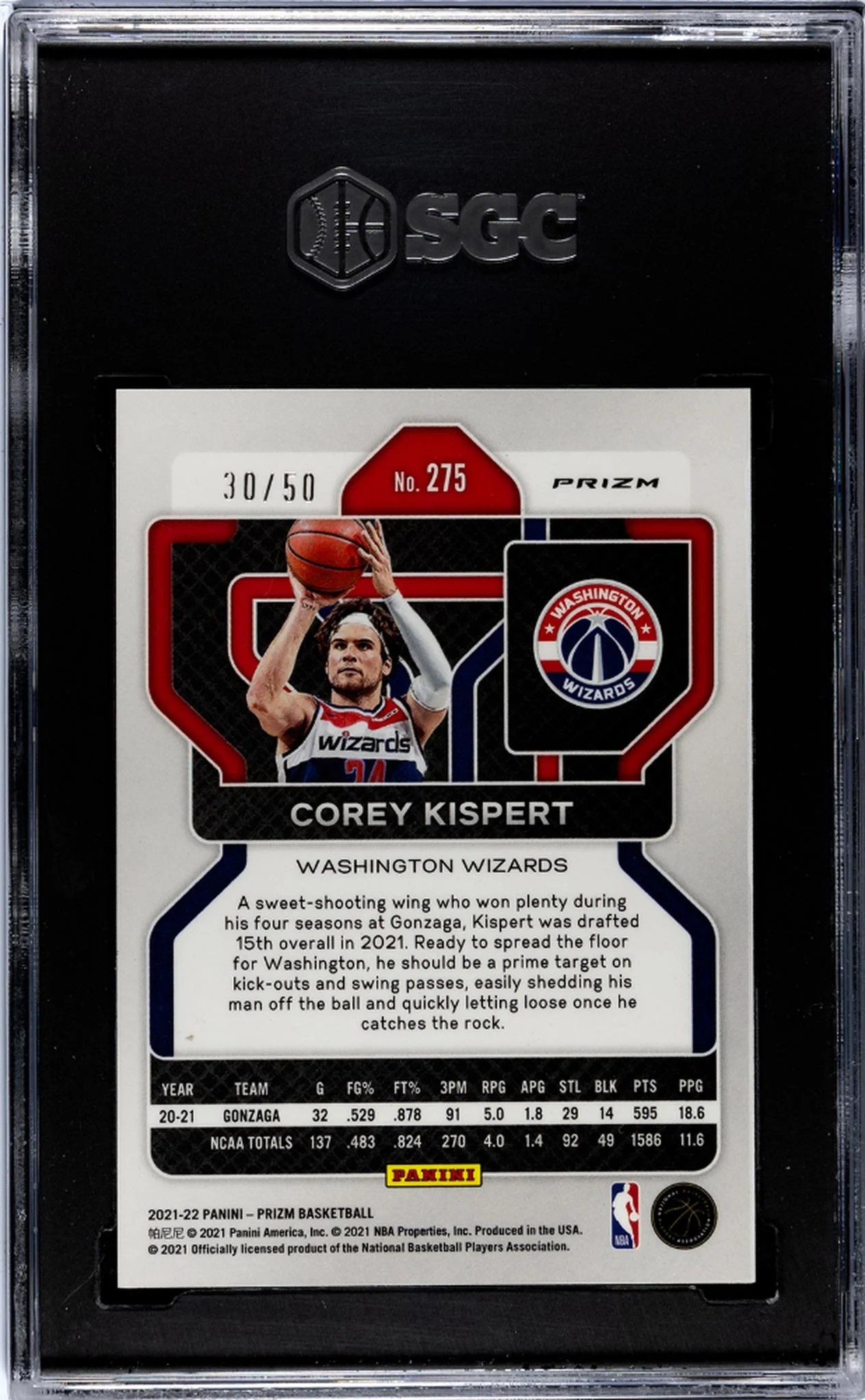 2021 Panini Prizm Pink Fast Break Corey Kispert #275 RC /50 SGC 9.5 - Image 2