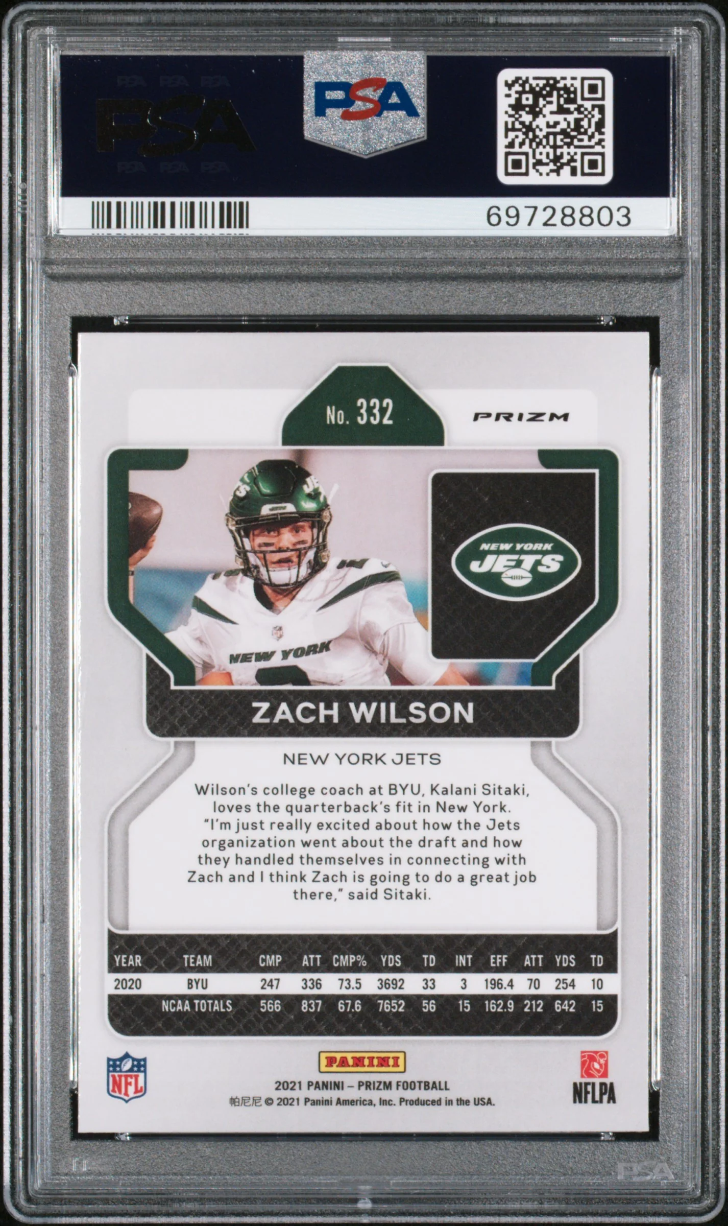 2021 Panini Prizm Pink Prizm Zach Wilson #332 PSA 10 - Image 2