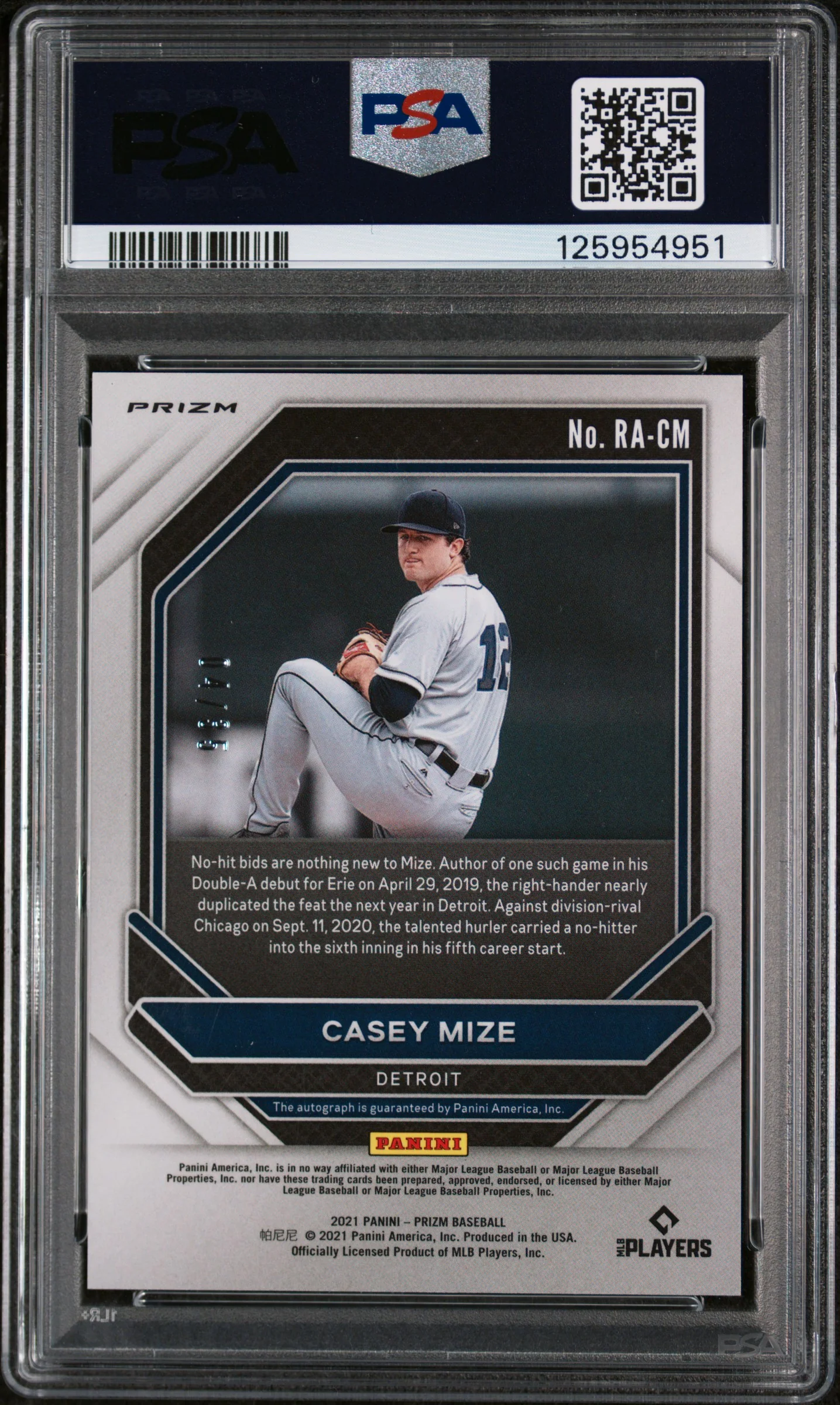 2021 Panini Prizm Rookie Autographs Snakeskin Prizm Casey Mize #RACM /149 PSA 10 - Image 2