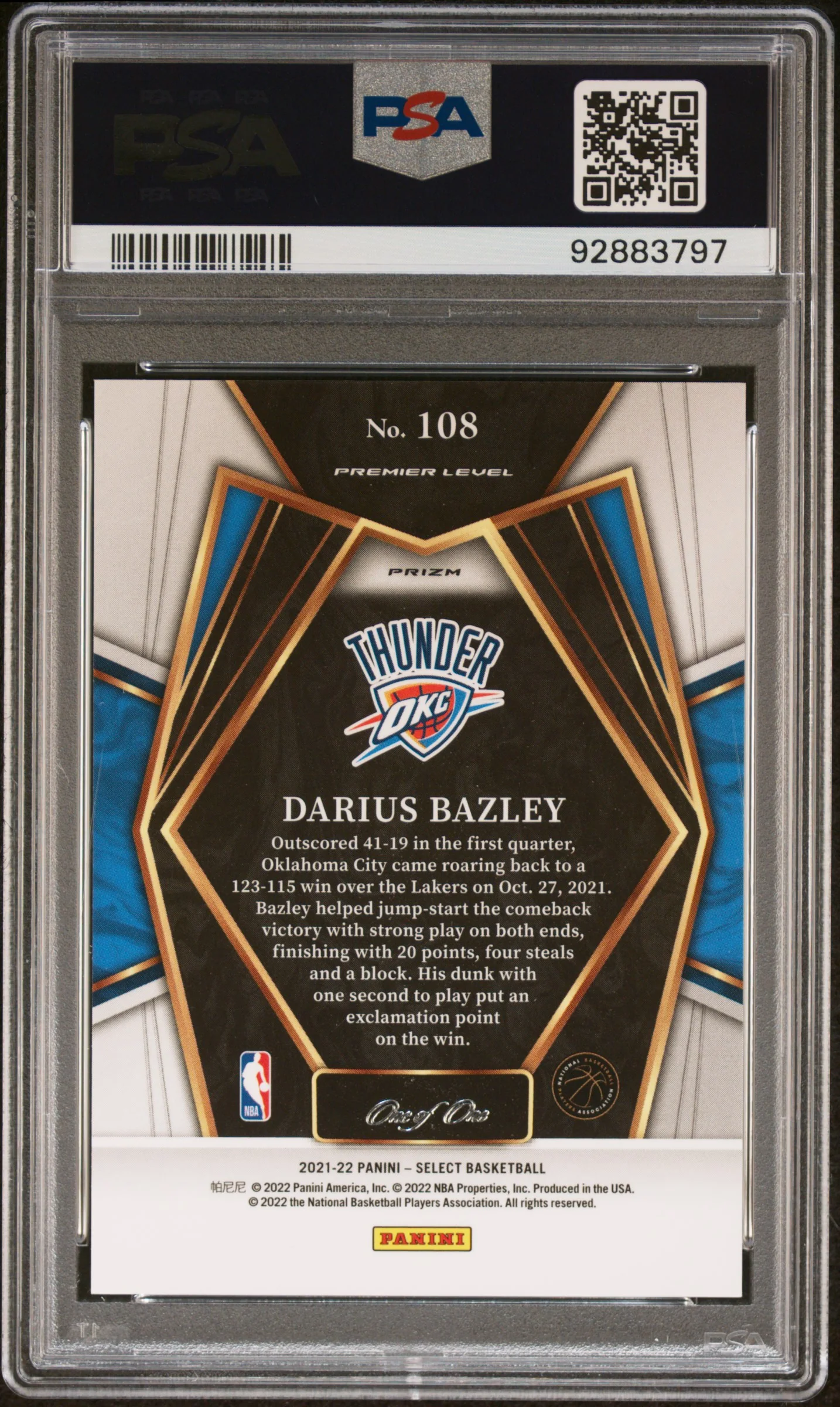 2021 Panini Select Black/White/Gold Prizm 1/1 Darius Bazley #108 PSA 9 - Image 2