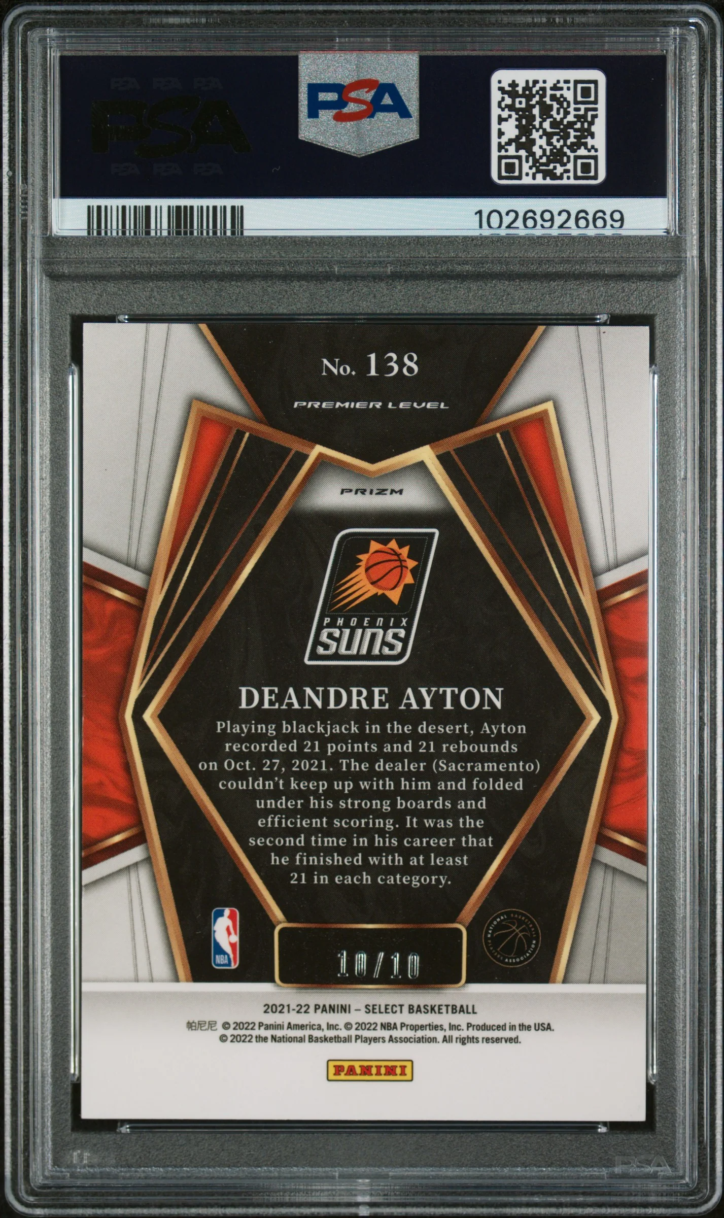 2021 Panini Select Gold Shimmer Deandre Ayton #138 Premier Level /10 PSA 8 - Image 2