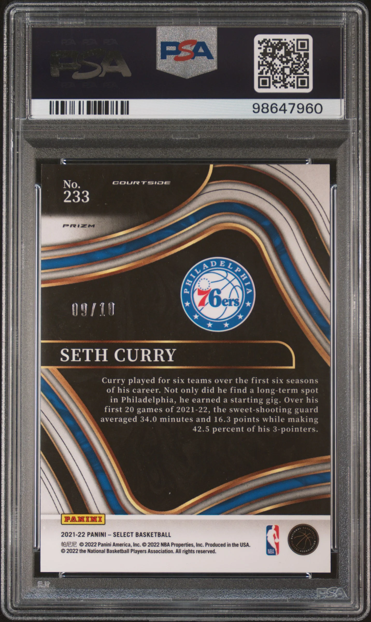 2021 Panini Select Gold Shimmer Prizm Seth Curry #233 Courtside /10 PSA 10 - Image 2