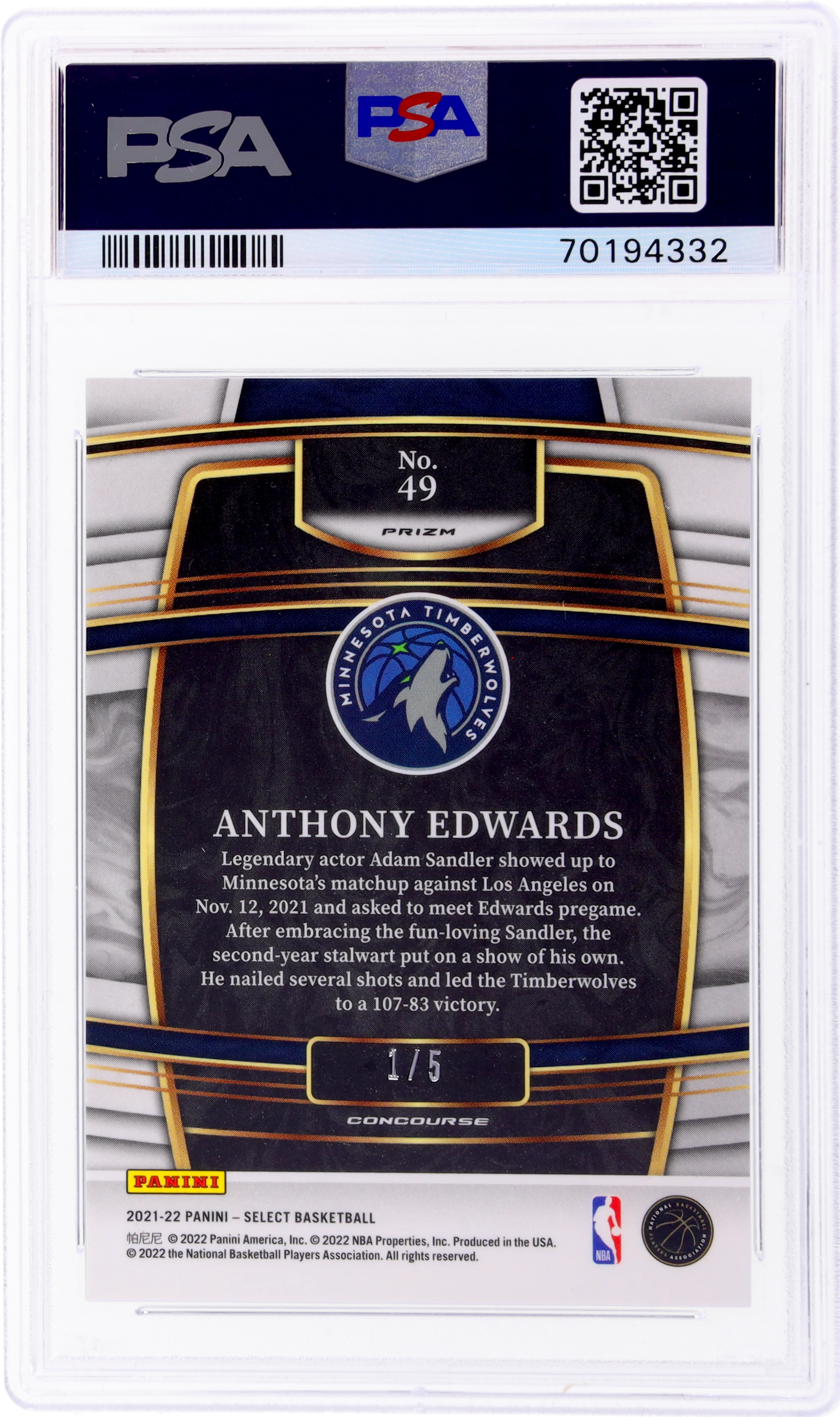 2021 Panini Select Green Prizm Anthony Edwards #49 Concourse 1/5 PSA 7 - Image 2