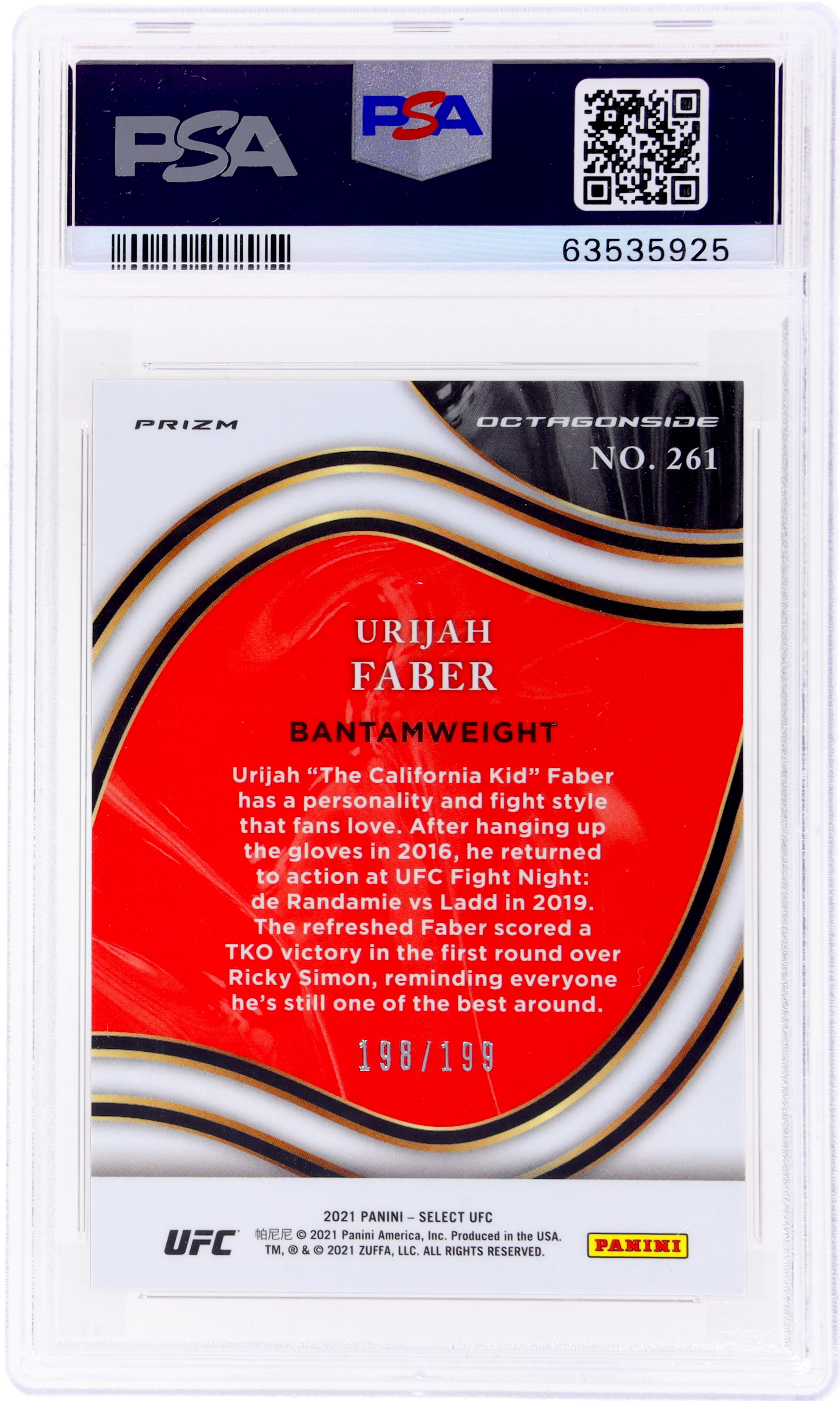 2021 Panini Select UFC Red Disco Prizm Urijah Faber #261 /199 PSA 10 - Image 2