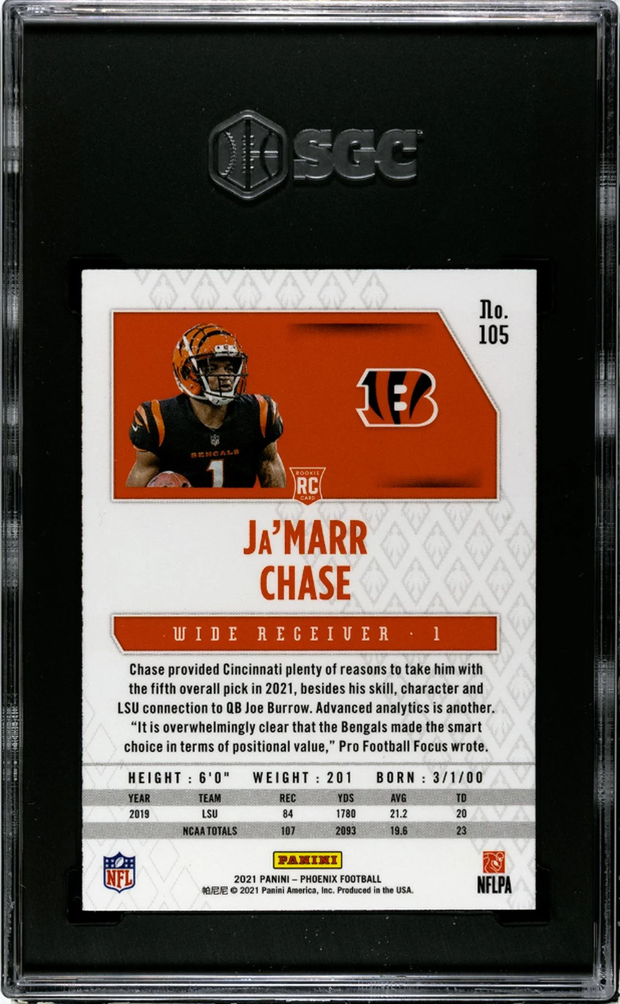 2021 Phoenix #105 Ja'Marr Chase Fire Burst SGC 9.5 - Image 2
