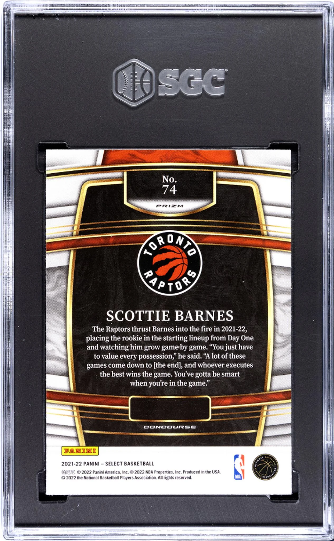 2021 Select #74 Scottie Barnes Gold Wave Prizm SGC 9.5 - Image 2