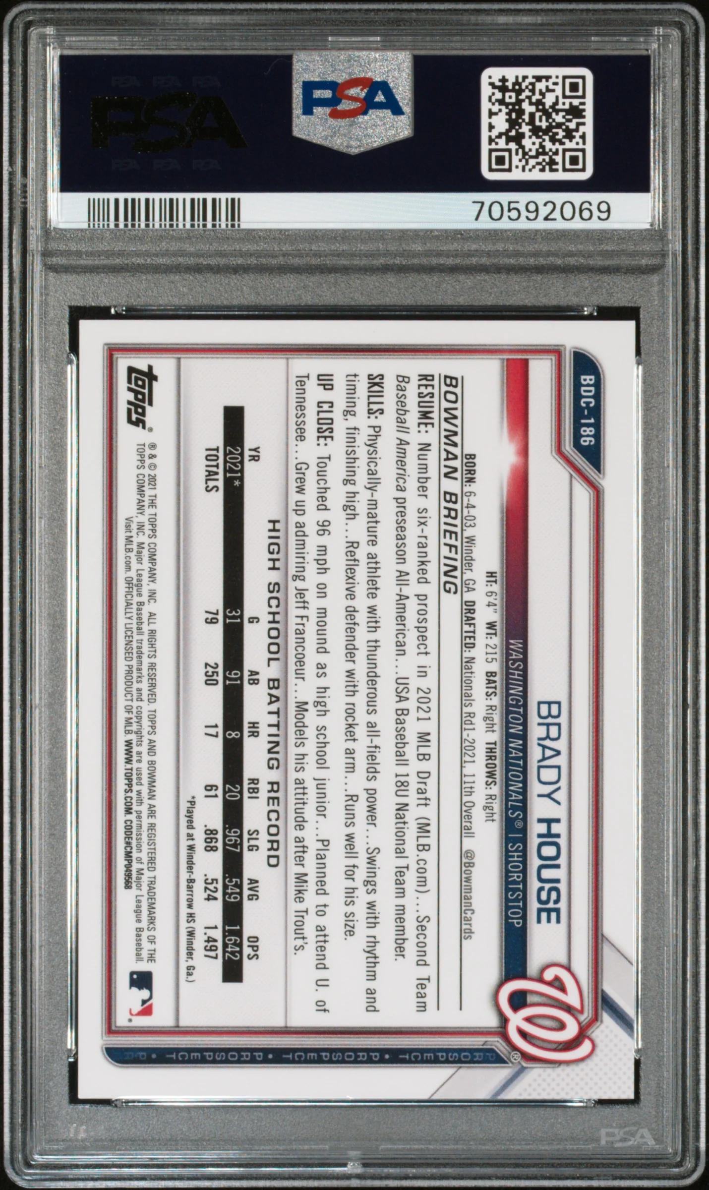 2021 Topps Bowman Draft Chrome Green Sparkle Ref Brady House #BDC-186 /99 PSA 9 - Image 2