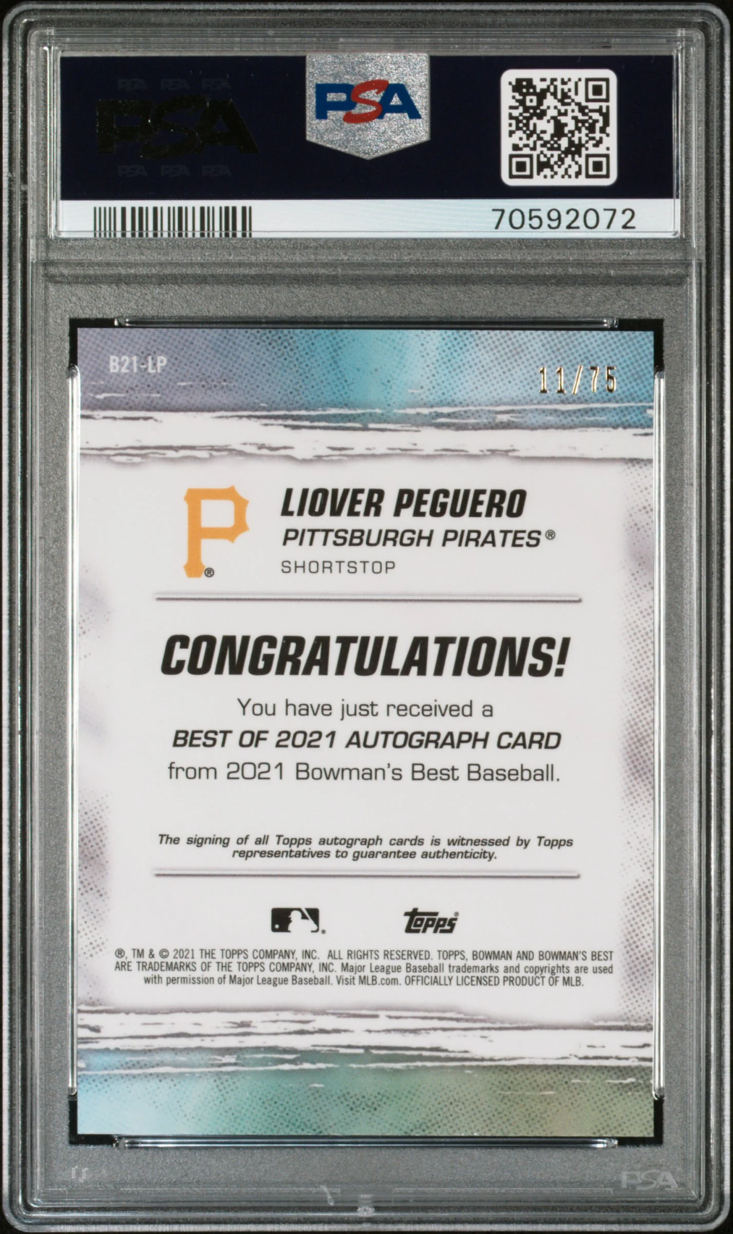 2021 Topps Bowman's Best Gold Lava Ref Liover Peguero #B21-LP Auto /75 PSA 9 - Image 2