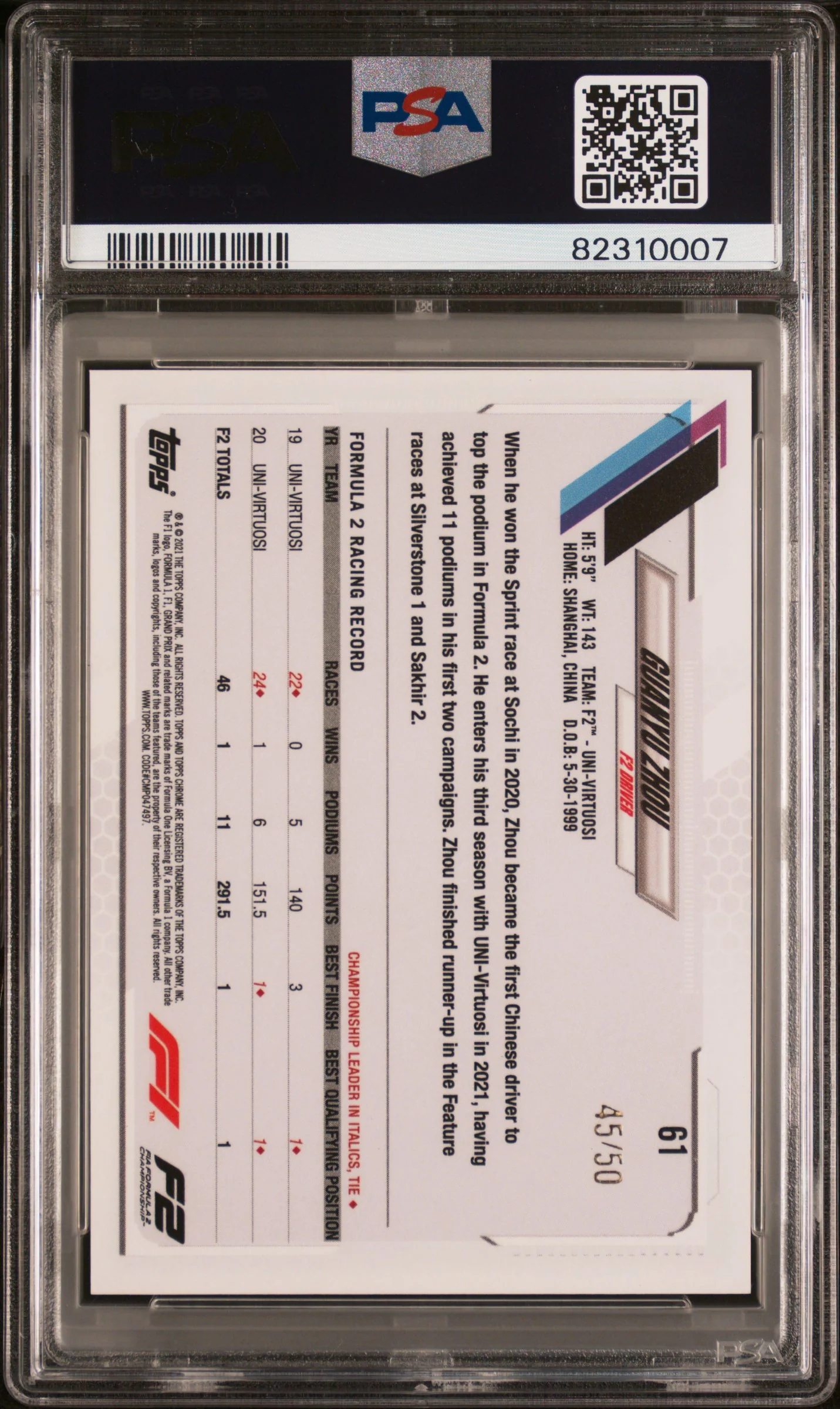 2021 Topps Chrome Formula 1 Gold Wave Refractor Zhou Guanyu #61 /50 PSA 10 - Image 2