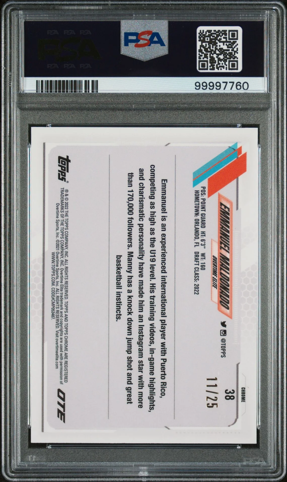 2021 Topps Chrome Emmanuel Maldonado #38 RC /25 PSA 8 - Image 2