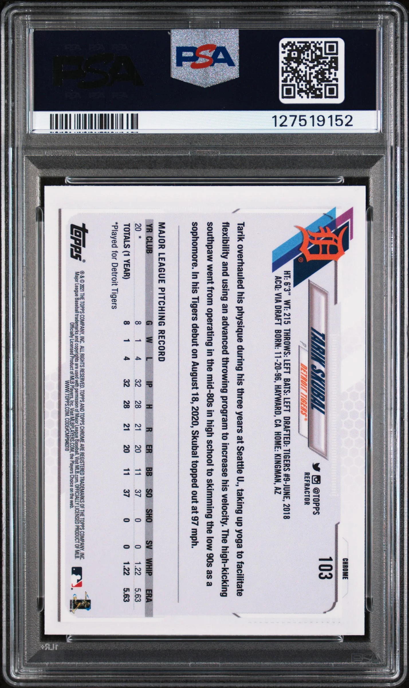 2021 Topps Chrome Refractor Tarik Skubal #103 PSA 10 - Image 2