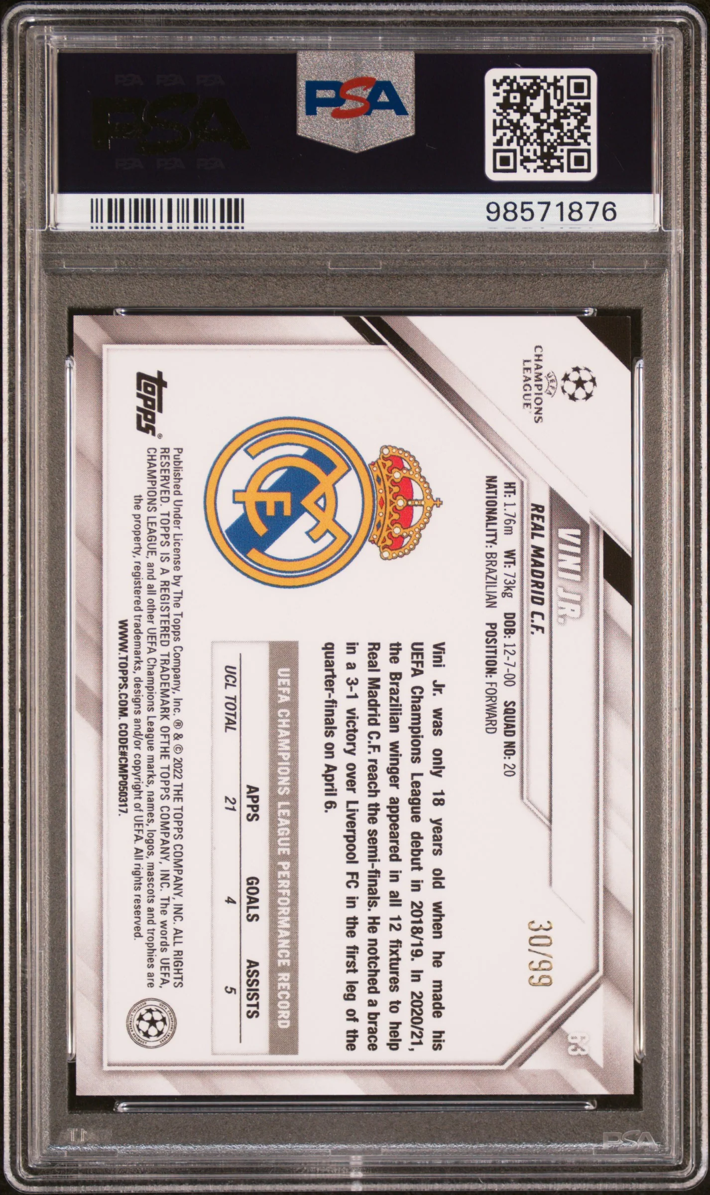 2021 Topps Chrome Sapphire Edition UEFA Champions League Yellow Vini Jr. #63 /99 PSA 10 - Image 2