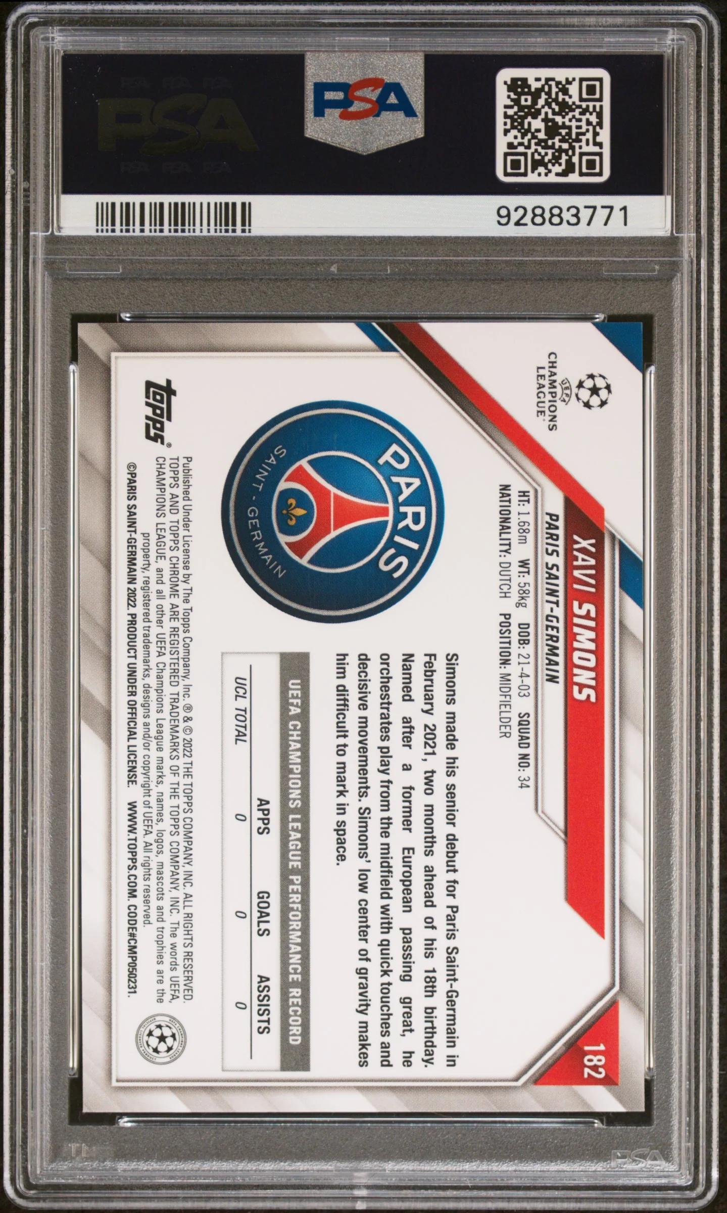 2021 Topps Chrome UEFA Champions League Purple & Gold Starball Refractor Xavi Simons #182 PSA 10 - Image 2