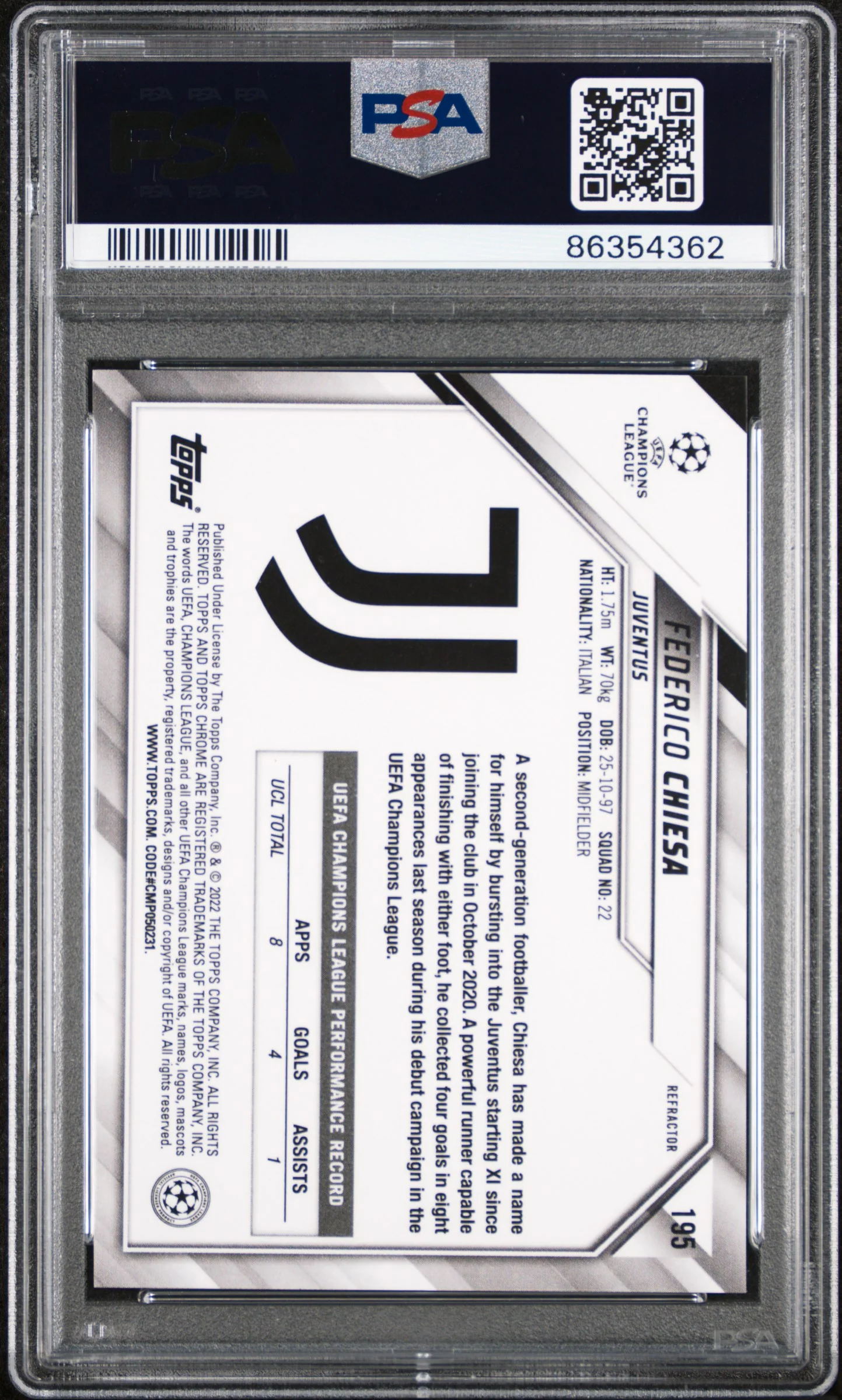 2021 Topps Chrome UEFA Champions League Refractor Federico Chiesa #195 PSA 10 - Image 2
