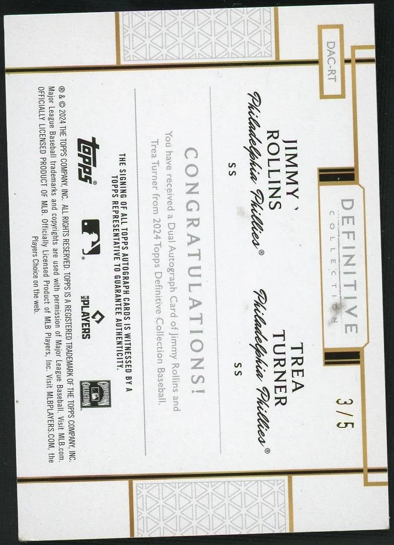 2021 Topps Definitive Collection DAC-RT Jimmy Rollins Trea Turner Definitive Collection /5 Philadelphia Phillies Auto - Image 2