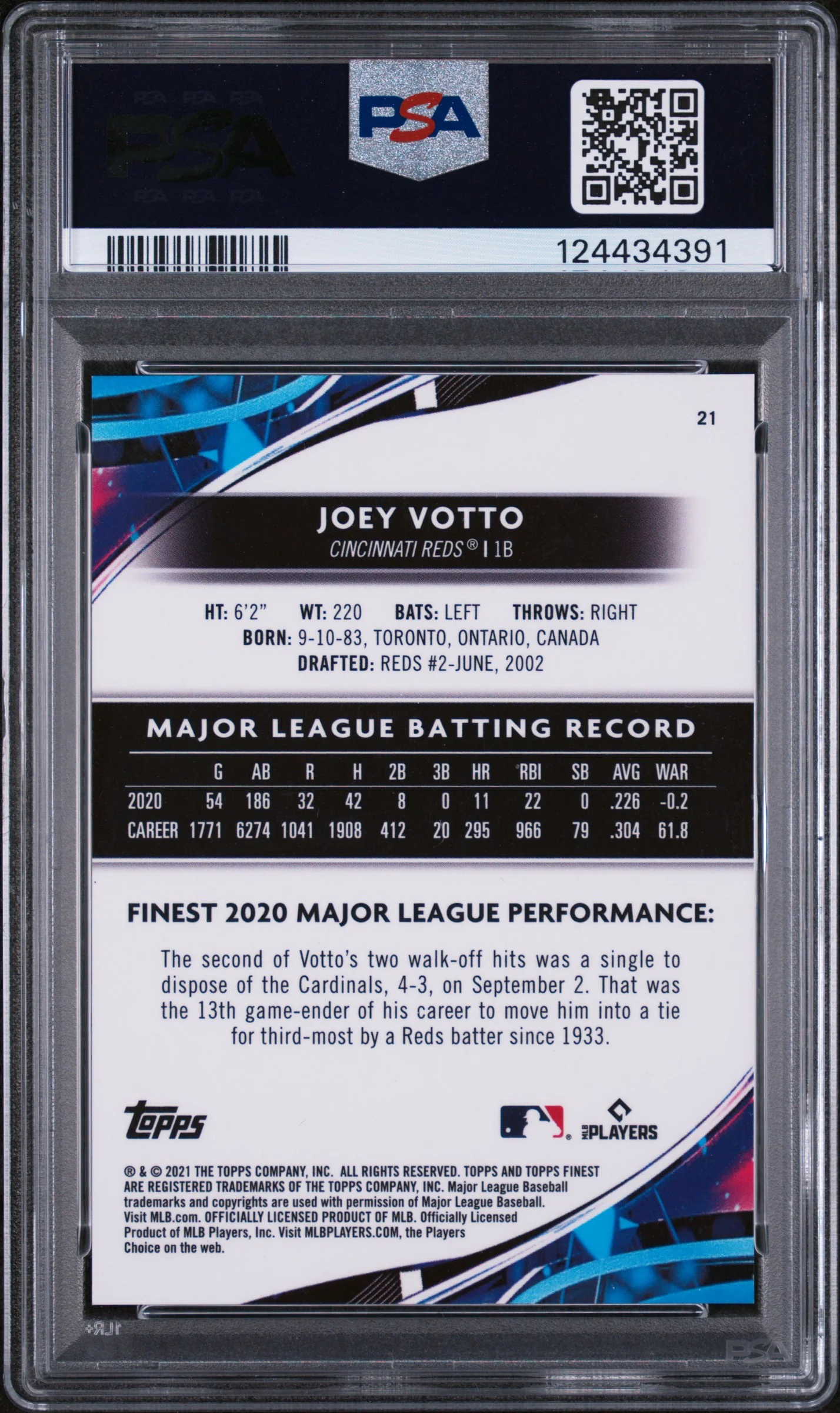 2021 Topps Finest Aqua Refractor Joey Votto #21 PSA 10 - Image 2