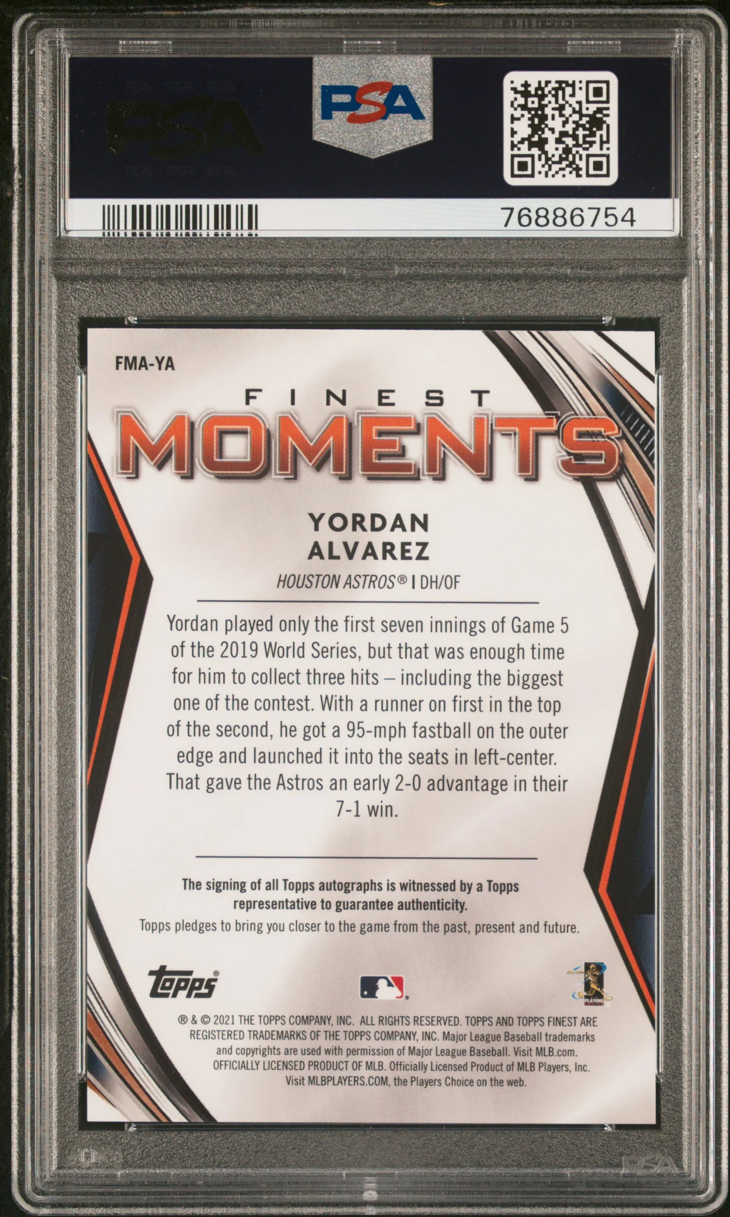 2021 Topps Finest Finest Moments Autographs Yordan Alvarez #FMAYA PSA 10 - Image 2