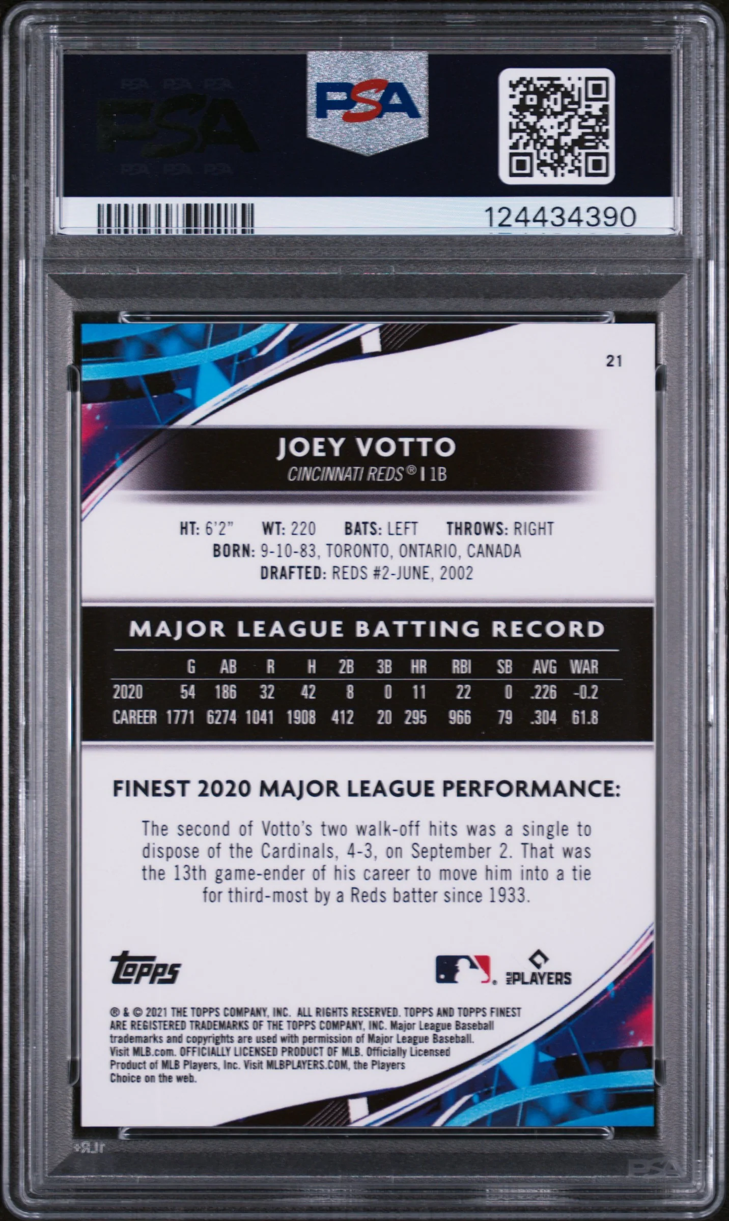 2021 Topps Finest Green Speckle Refractor Joey Votto #21 /125 PSA 10 - Image 2