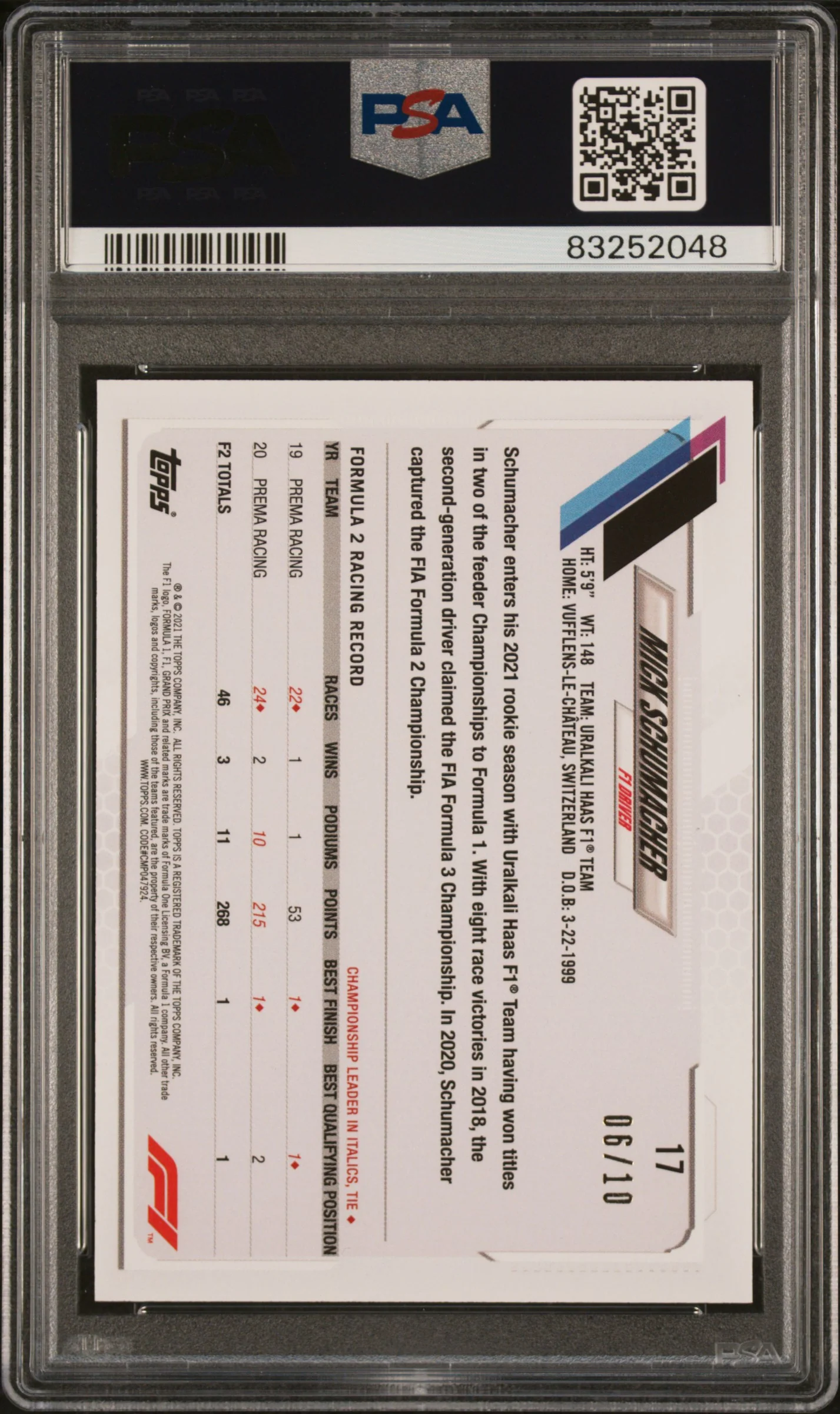 2021 Topps Formula 1 Black Mick Schumacher #17 /10 PSA 9 - Image 2