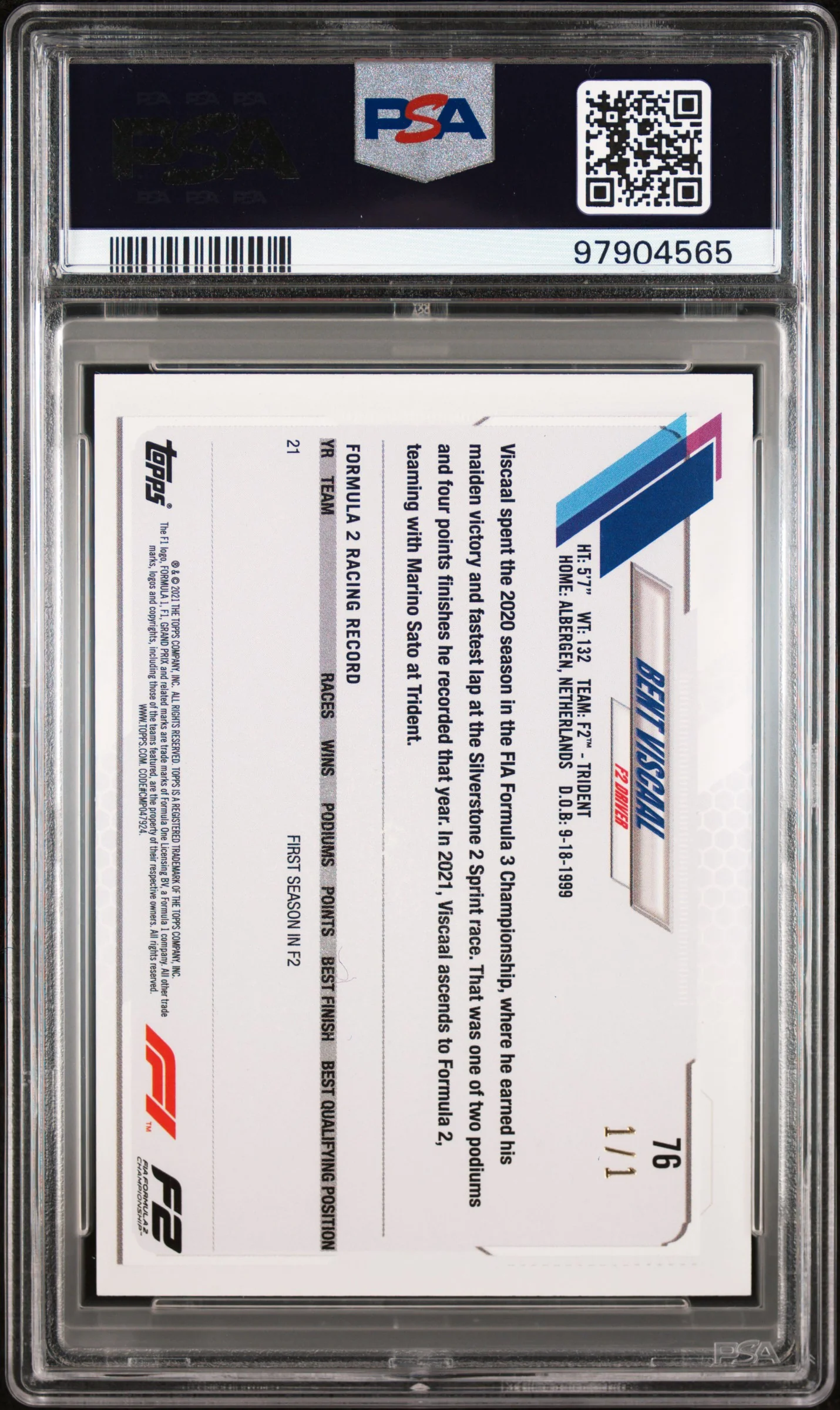 2021 Topps Formula 1 Foilfractor Bent Viscaal #76 1/1 PSA 9 - Image 2