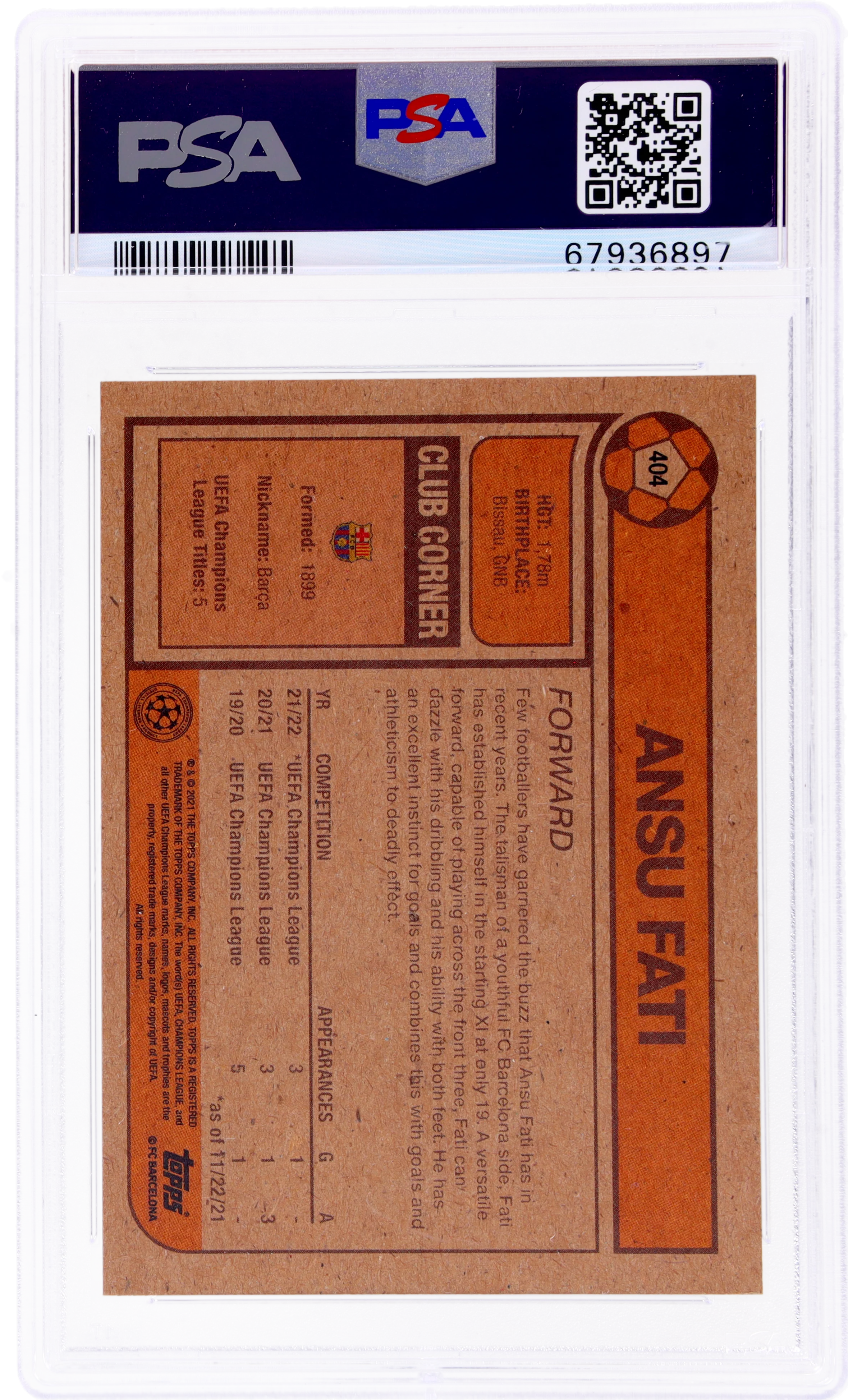 2021 Topps Living UCL Ansu Fati #404 PSA 9 - Image 2