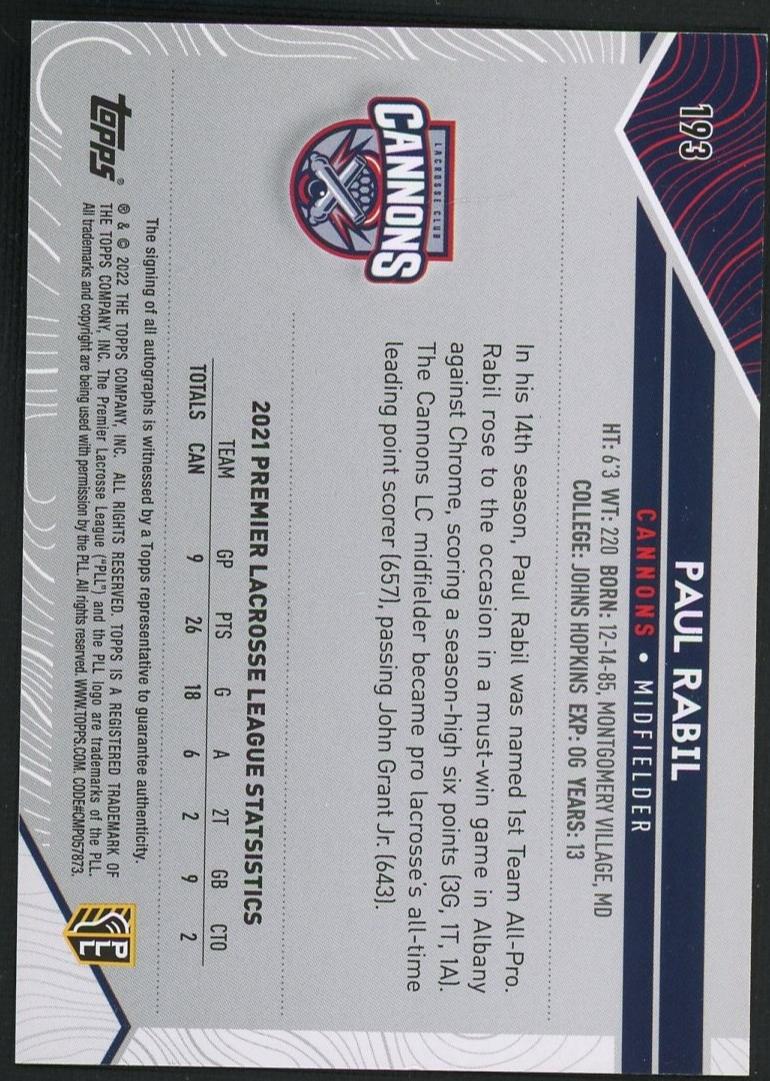 2021 Topps Premier Lacrosse League Paul Rabil #193 Auto - Image 2