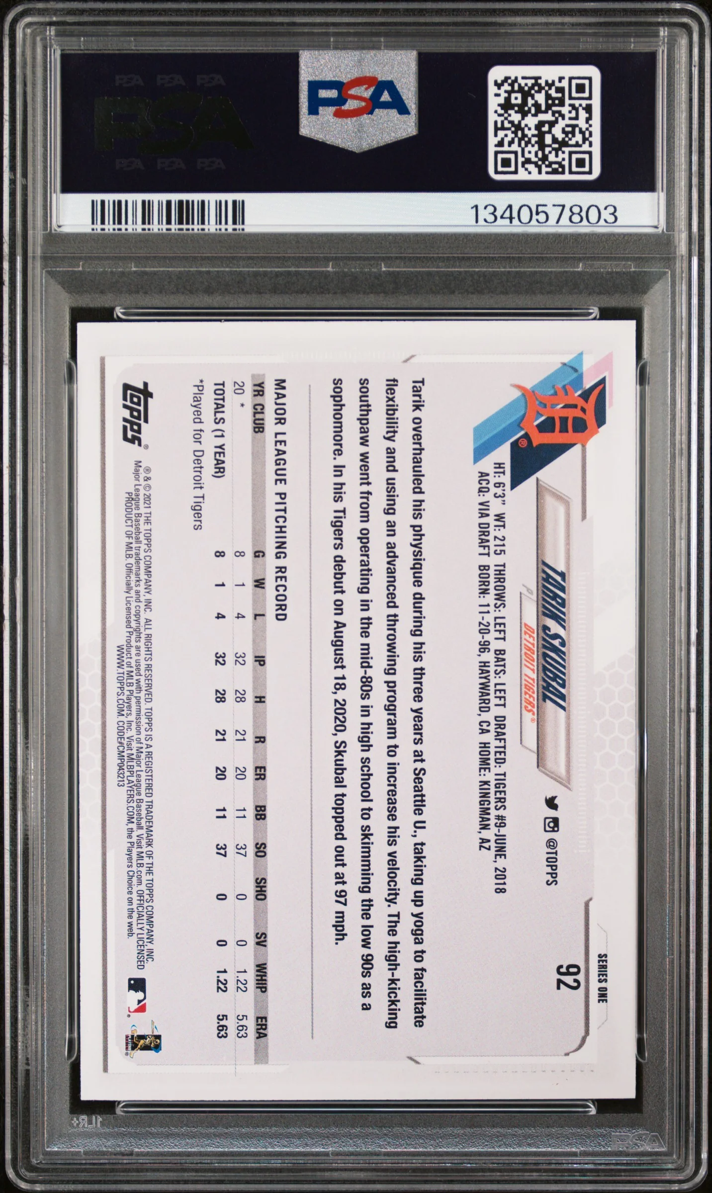 2021 Topps Rainbow Foil Tarik Skubal #92 PSA 9 - Image 2