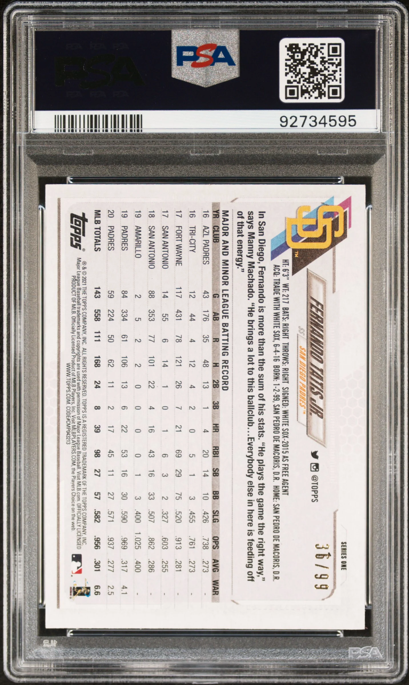 2021 Topps Series 1 Vintage Stock Fernando Tatis Jr. #1 /99 PSA 8 - Image 2