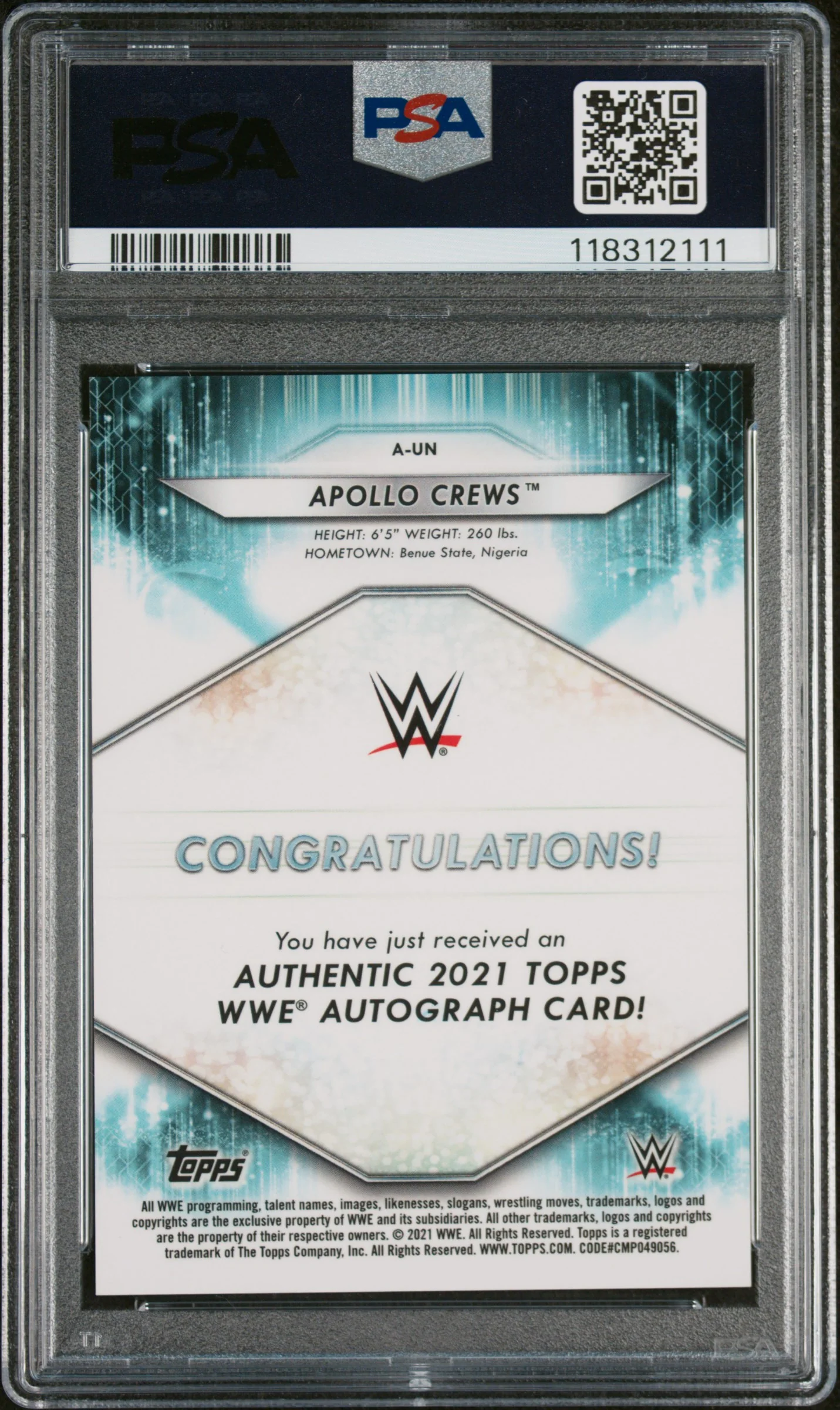2021 Topps WWE Roster Autograph Black Apollo Crews #AUN /5 PSA 10 - Image 2