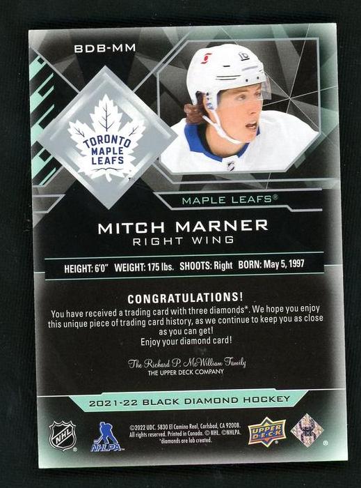 2021 Upper Deck Black Diamond BDB-MM Mitch Marner Diamond Relics Triple /3 VG Toronto Maple Leafs - Image 2