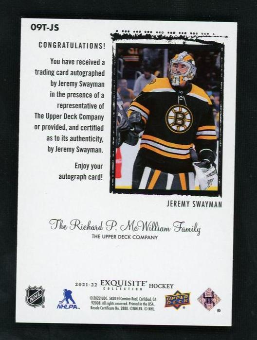 2021 Upper Deck Exquisite 09T-JS Jeremy Swayman Exquisite Rookie Autograph Rookie /49 VG Boston Bruins - Image 2