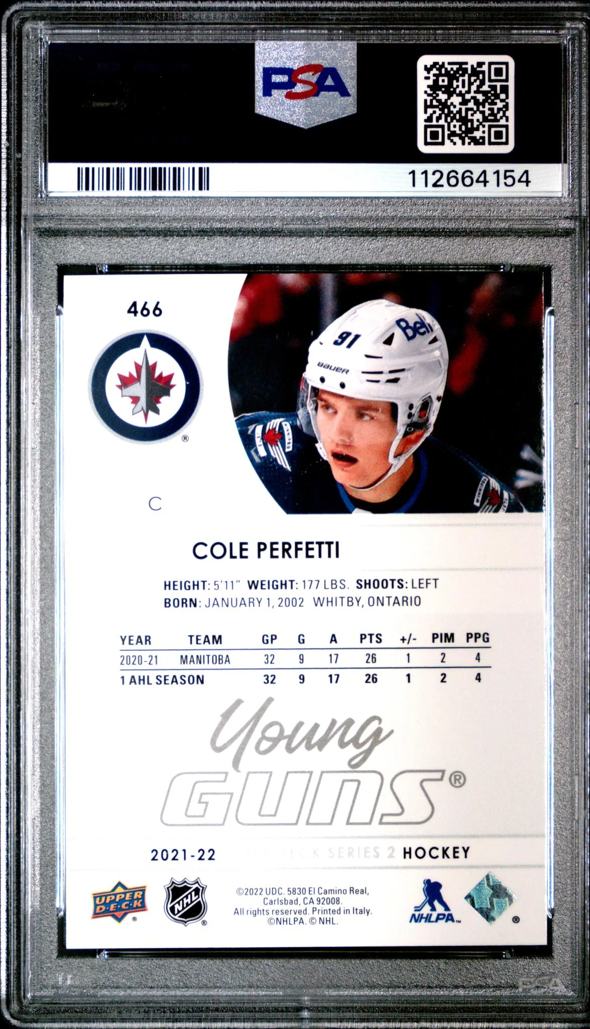 2021 Upper Deck Series 2 Young Guns Cole Perfetti #466 RC PSA 10 - Image 2
