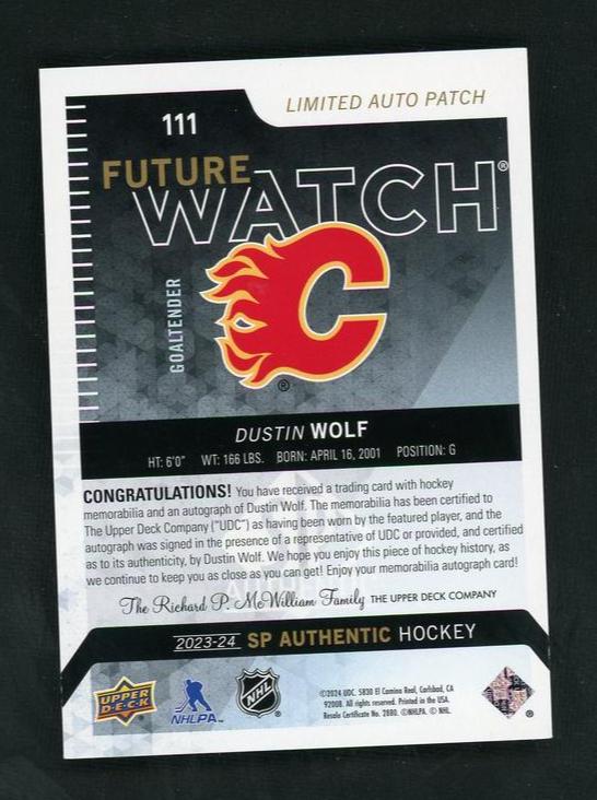 2021 Upper Deck SP Authentic 111 Dustin Wolf Future Watch Rookie /100 VG Calgary Flames Auto - Image 2
