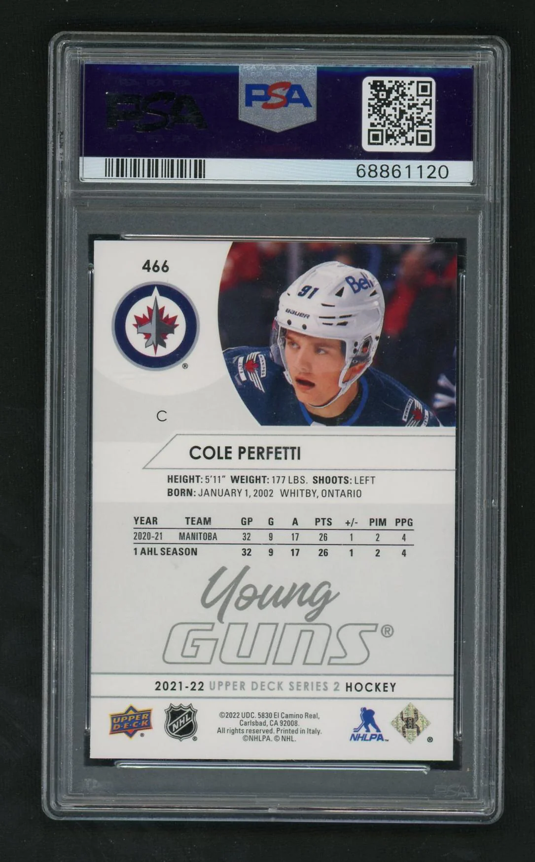 2021 Upper Deck Young Guns Cole Perfetti #466 PSA 10 - Image 2
