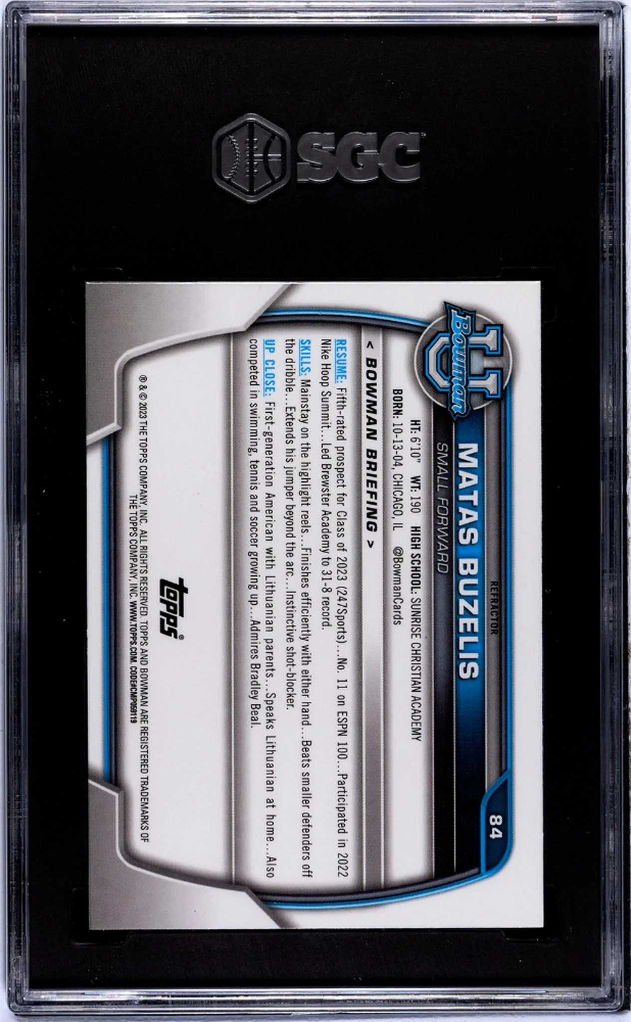 2022-23 Bowman Chrome Refractor Matas Buzelis #84 SGC 9.5 - Image 2