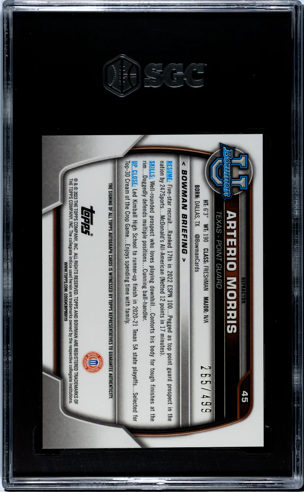 2022-23 Bowman U Autographed Refractor Arterio Morris #45 /499 SGC 9.5 Auto 10 - Image 2
