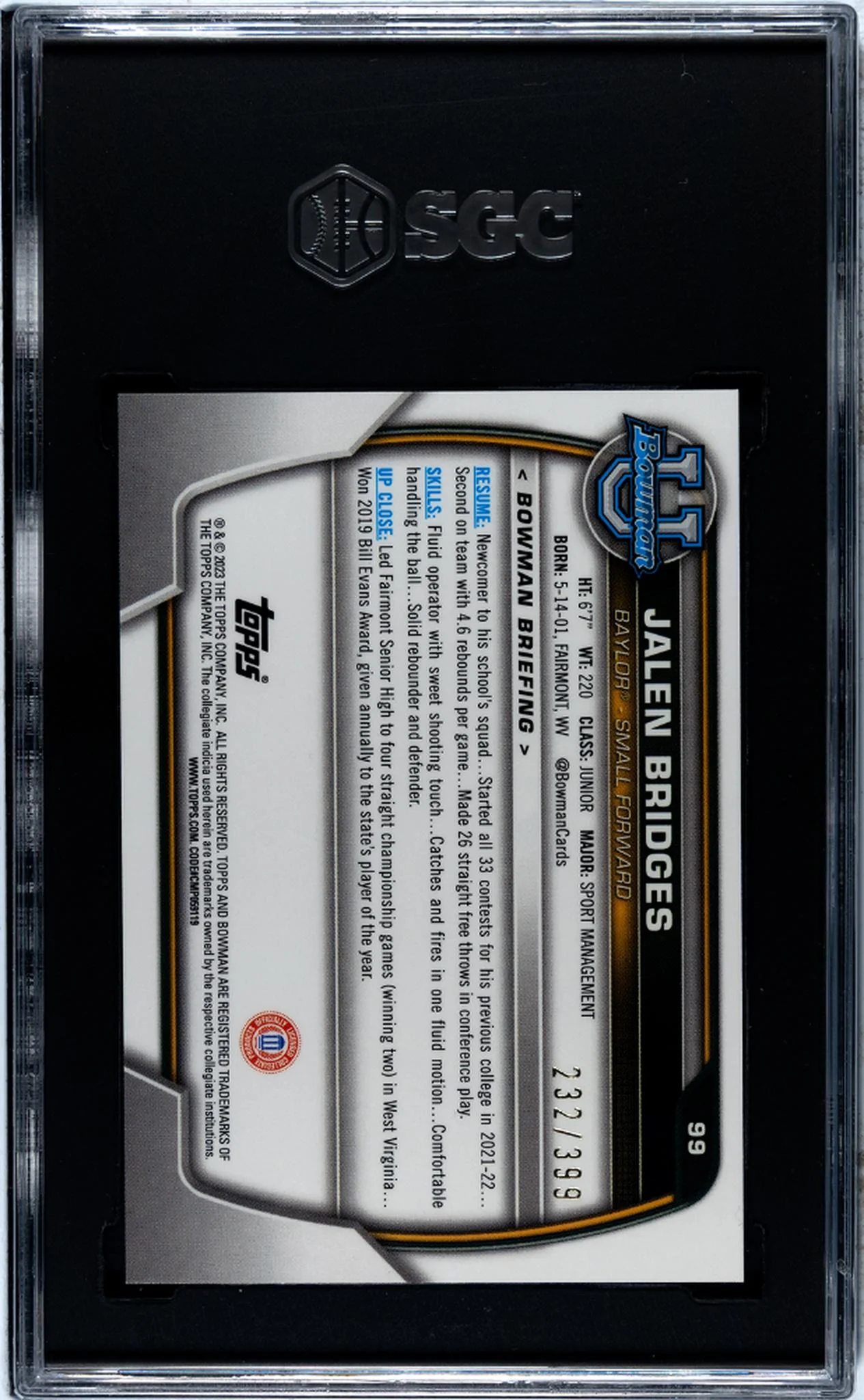 2022-23 Bowman U Chrome Purple Mini-Diamond Jalen Bridges #99 Refractor /399 SGC 9.5 - Image 2