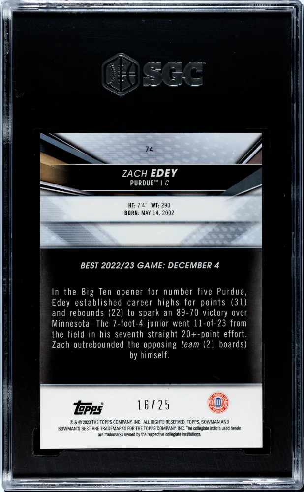 2022-23 Bowman U Best Orange Refractor Zach Edey #74 /25 SGC 9 - Image 2