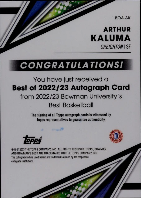 2022-23 Bowman U Best Arthur Kaluma #BOA-AK Auto SGC 8 Auto 10 - Image 2