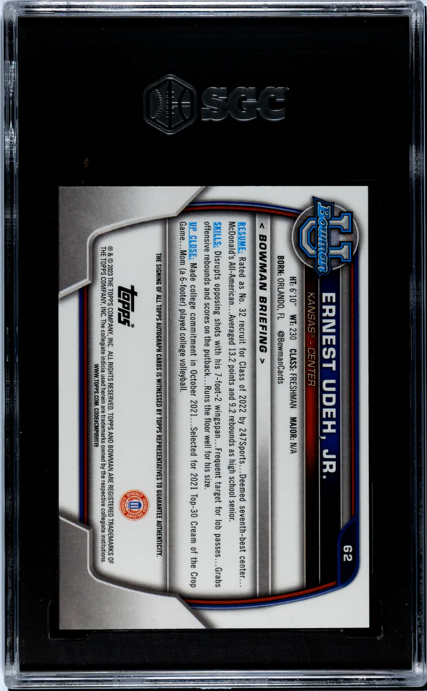 2022 Bowman U Ernest Udeh Jr #62 Auto SGC 9.5 Auto 10 - Image 2
