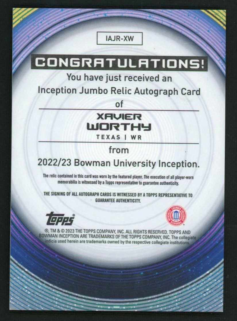 2022/23 Bowman University Inception Jumbo Relic Xavier Worthy #IAJR-XW Auto /99 - Image 2