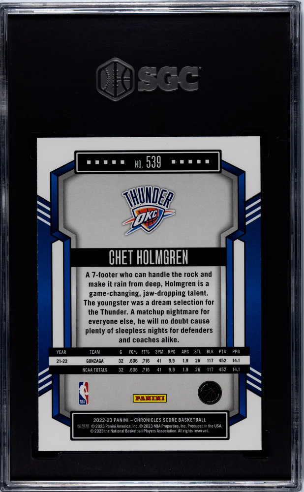 2022-23 Panini Chronicles Score Premium Chet Holmgren #539 RC SGC 9 - Image 2