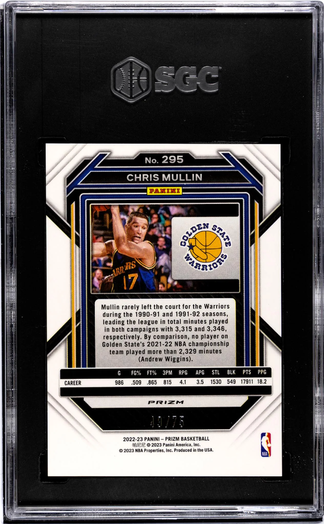 2022-23 Panini Prizm Purple Fast Break Prizm Chris Mullin #295 /75 SGC 8.5 - Image 2