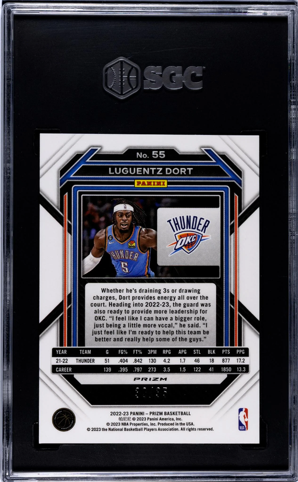 2022-23 Panini Prizm #55 Luguentz Dort Blue Shimmer Prizm /35 SGC 10 - Image 2
